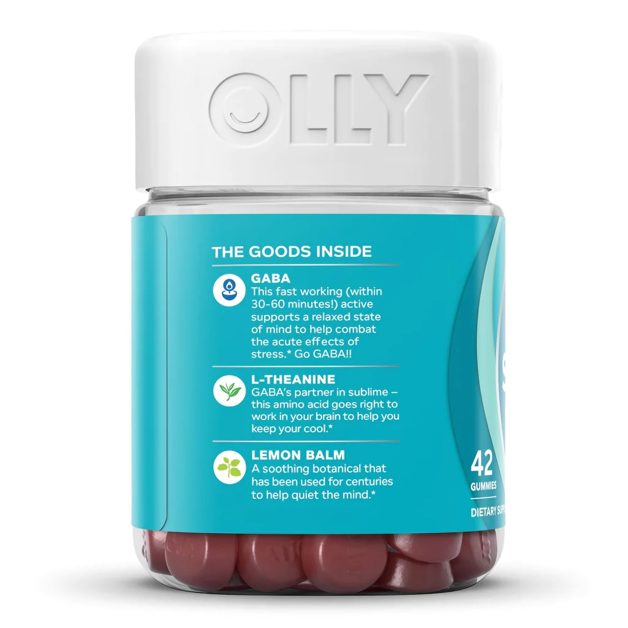 Dietary Supplement OLLY® Goodbye Stress® GABA / L-Theanine / Lemon Balm Extract 100 mg - 50 mg - 75 mg Strength Gummy 42 per Bottle Berry Verbena Flavor - image 4