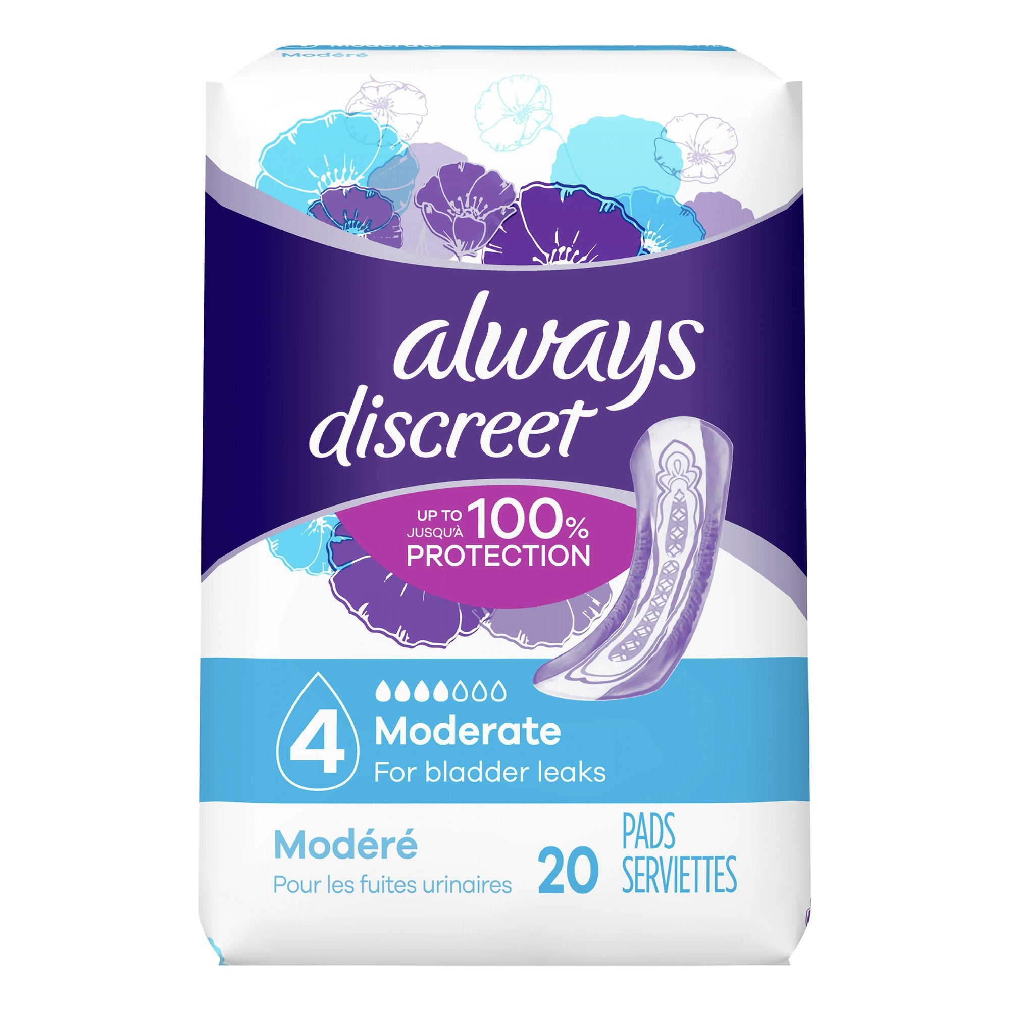 Bladder Control Pad Always® Discreet 12-1/2 Inch Length Moderate Absorbency RapidDry™ Core One Size Fits Most