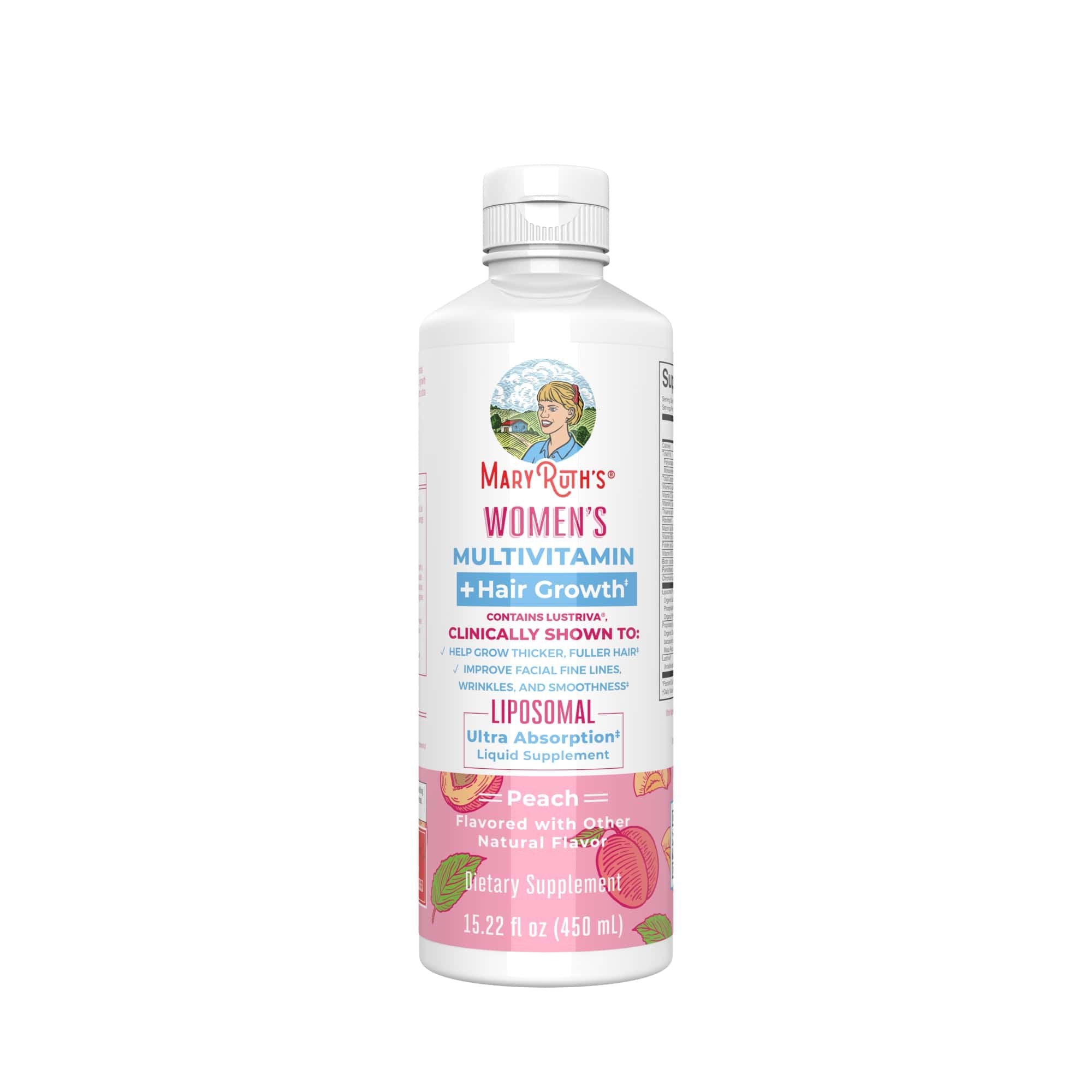 Multivitamin Supplement Mary Ruth's® Women's Multivitamin + Hair Growth Liposomal Vitamin A / D / E / Biotin 500 mcg - 25 mcg - 7 mg - 10,000 mcg Strength Liquid 15.22 oz. Peach Flavor