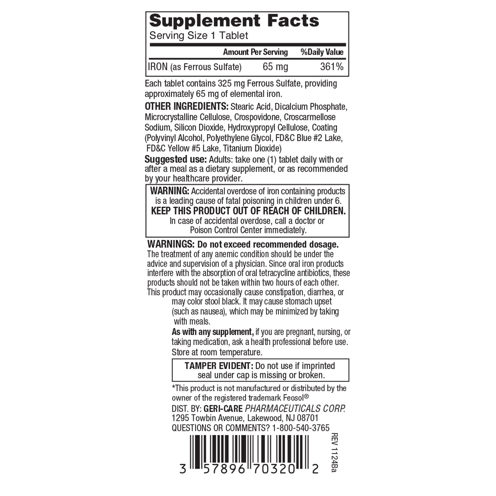 Mineral Supplement Geri-Care® Iron 325 mg Strength Tablet 200 per Bottle - image 2