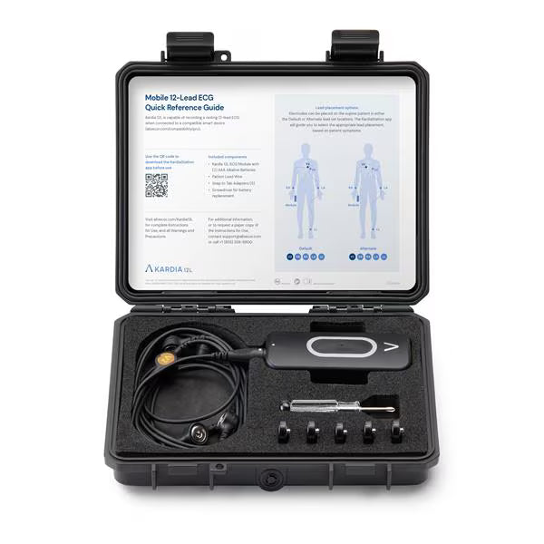 Kardia Mobile 12-lead ECG device in open case with digital display