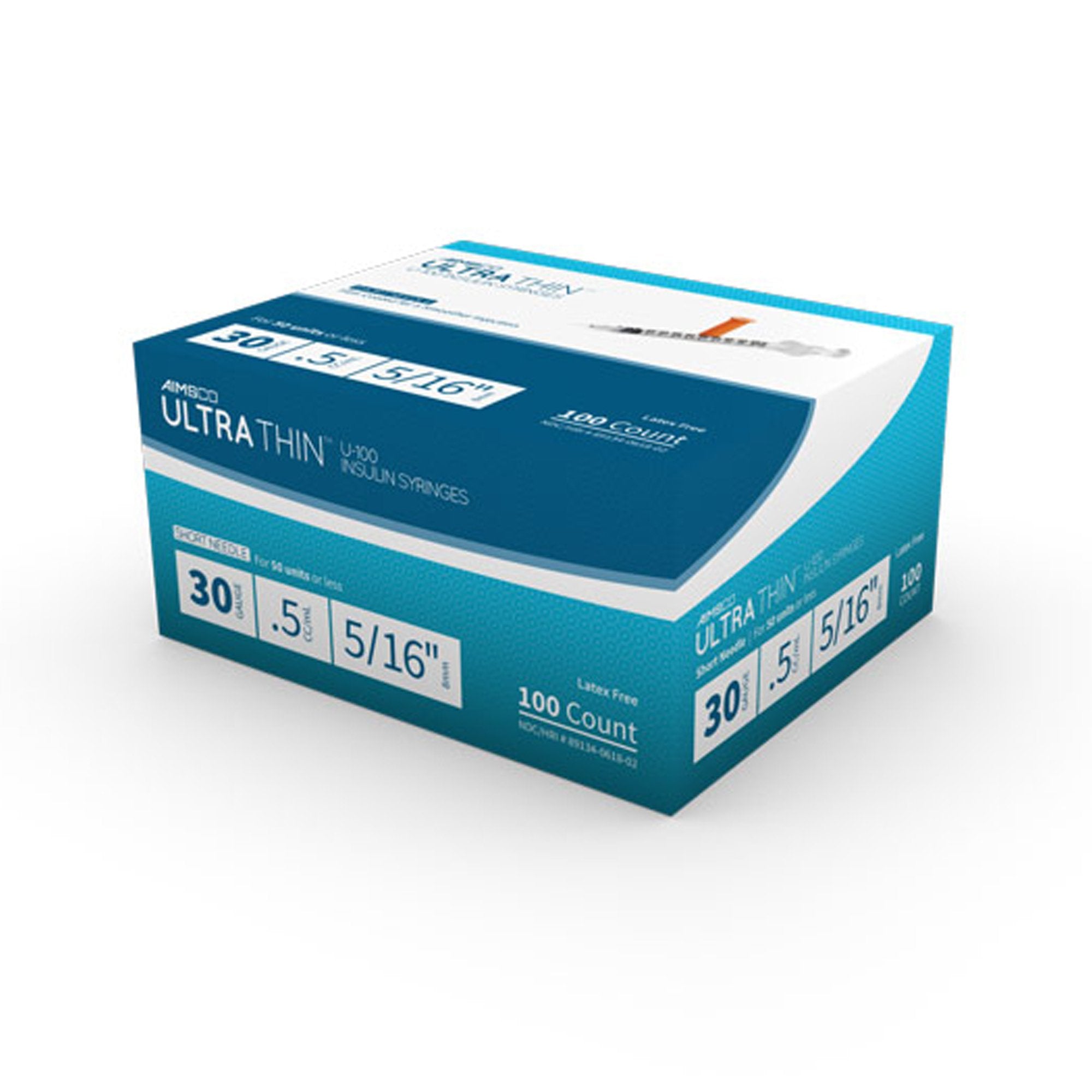 Standard Insulin Syringe with Needle AIMSCO® 0.5 mL 5/16 Inch 30 Gauge NonSafety Ultra Thin Wall