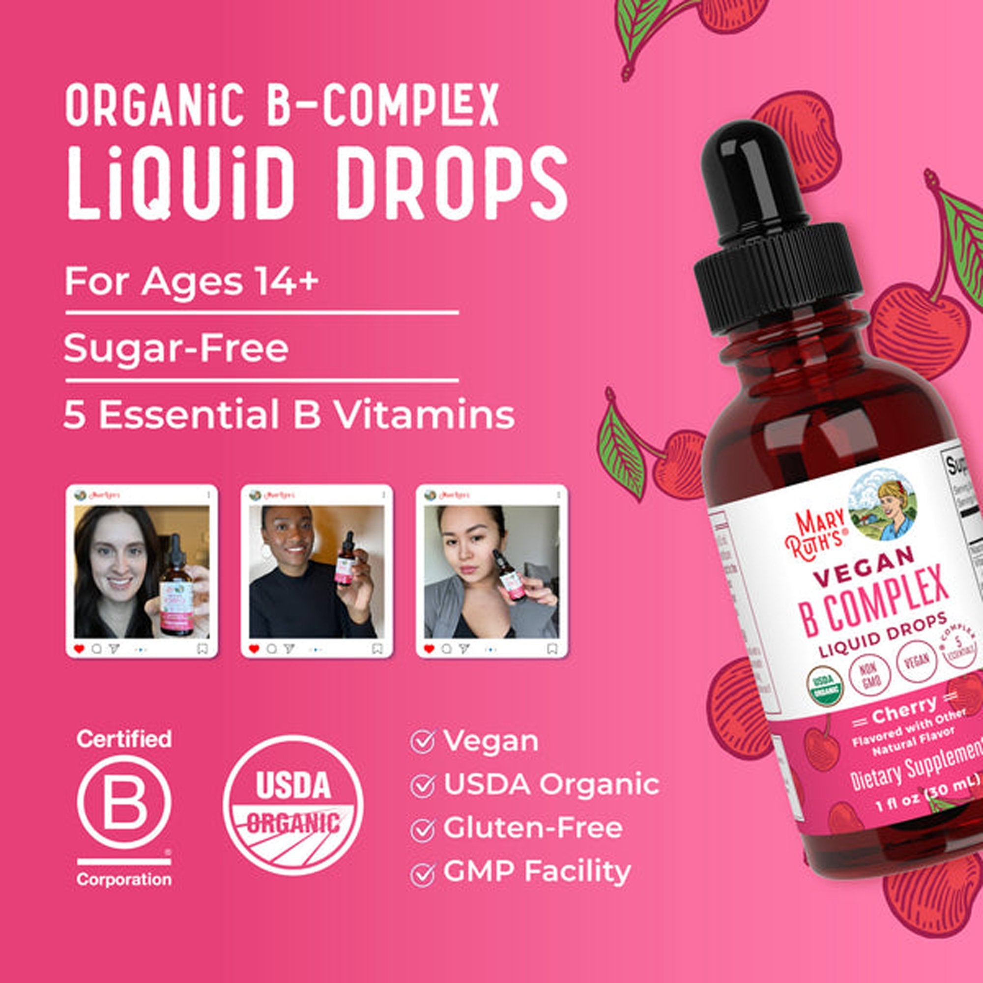 Dietary Supplement Mary Ruth's® Vegan B-Complex Niacin / Vitamin B6 / Folate / B12 / Biotin 2 mg - 2 mg - 400 mcg - 1,500 mcg - 2,500 mcg Strength Drop 1 oz. Cherry Flavor - image 7