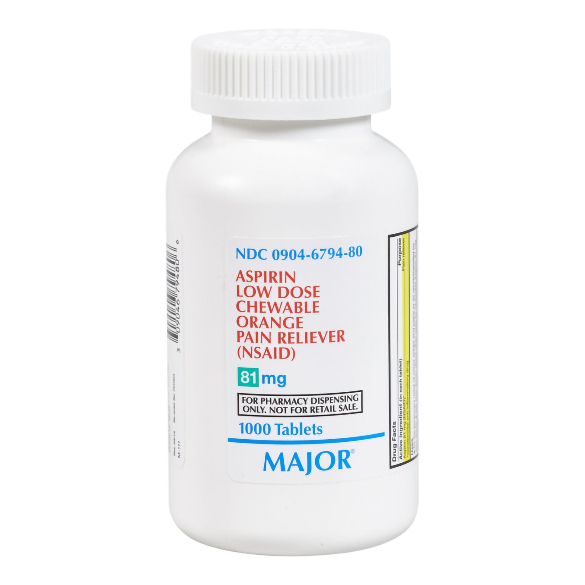Pain Relief Major® Low Dose 81 mg Strength Aspirin Chewable Tablet 1,000 per Bottle