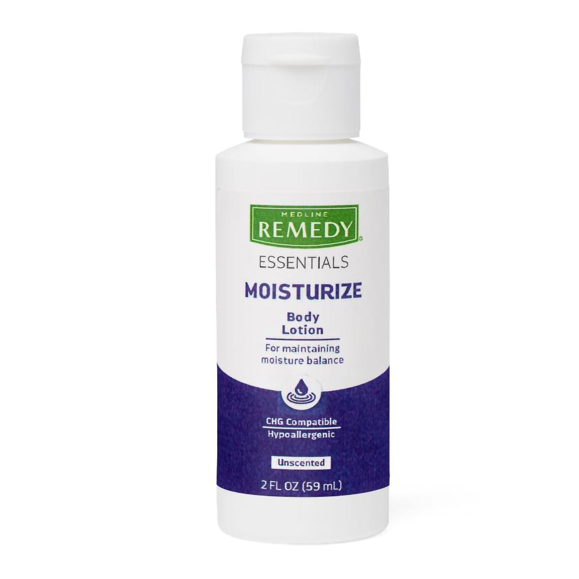 Hand and Body Moisturizer Medline Remedy® Essentials Moisturize 2 oz. Bottle Unscented Lotion CHG Compatible