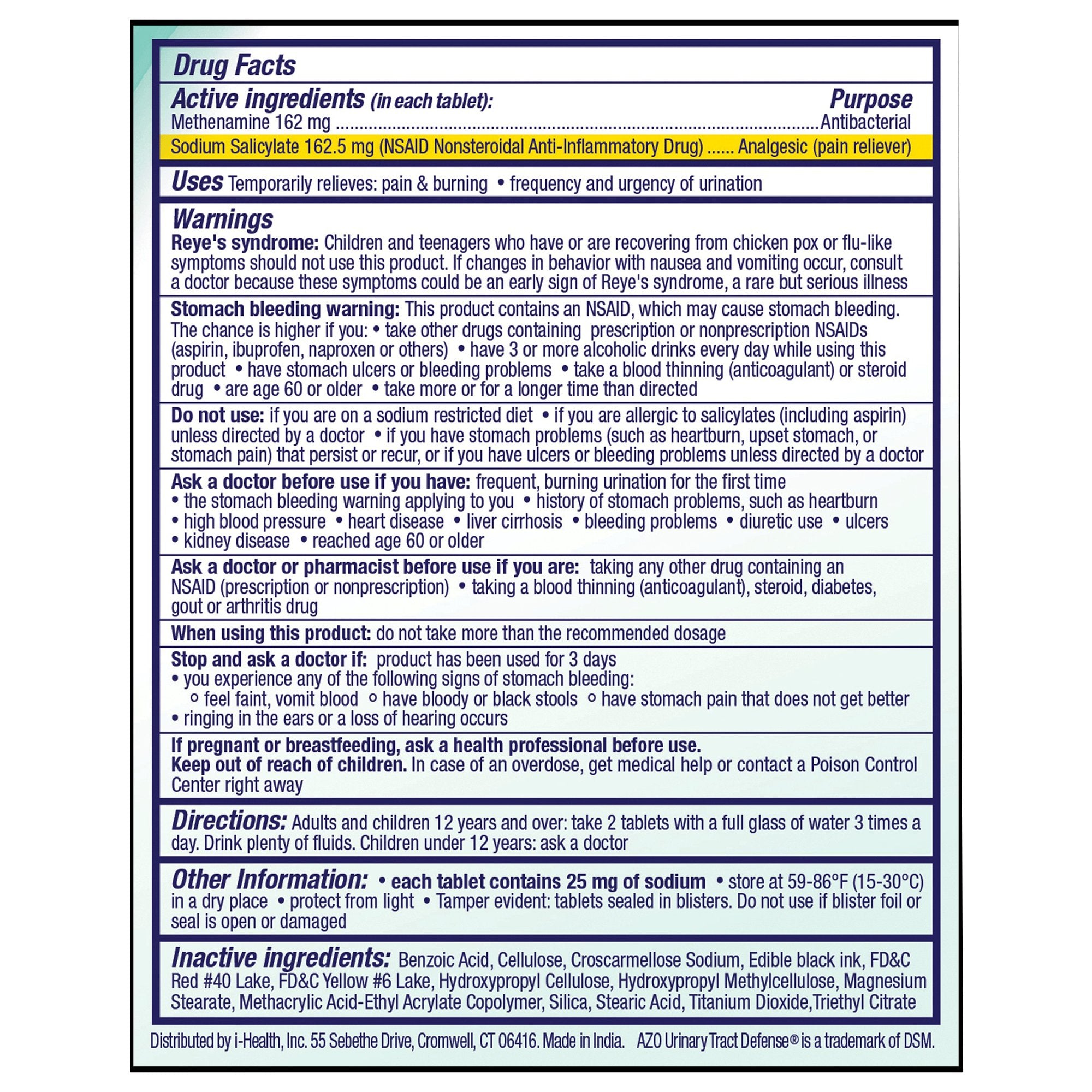 Urinary Pain Relief AZO® Urinary Tract Defense 162 mg - 162.5 mg Strength Methenamine / Sodium Salicylate Tablet 18 per Box - image 2