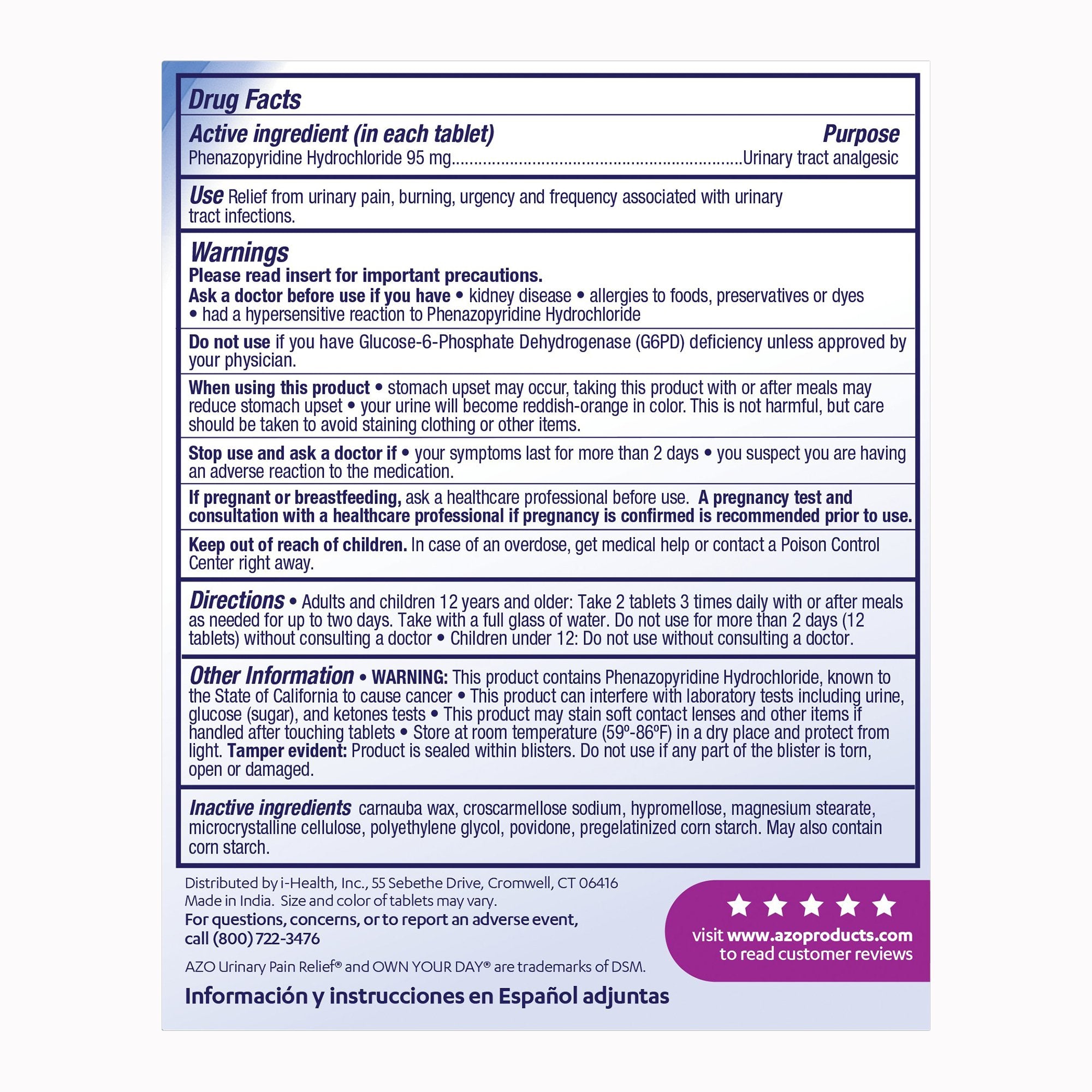 Urinary Pain Relief AZO® 95 mg Strength Penazopyridine Hcl Tablet 30 per Box - image 2