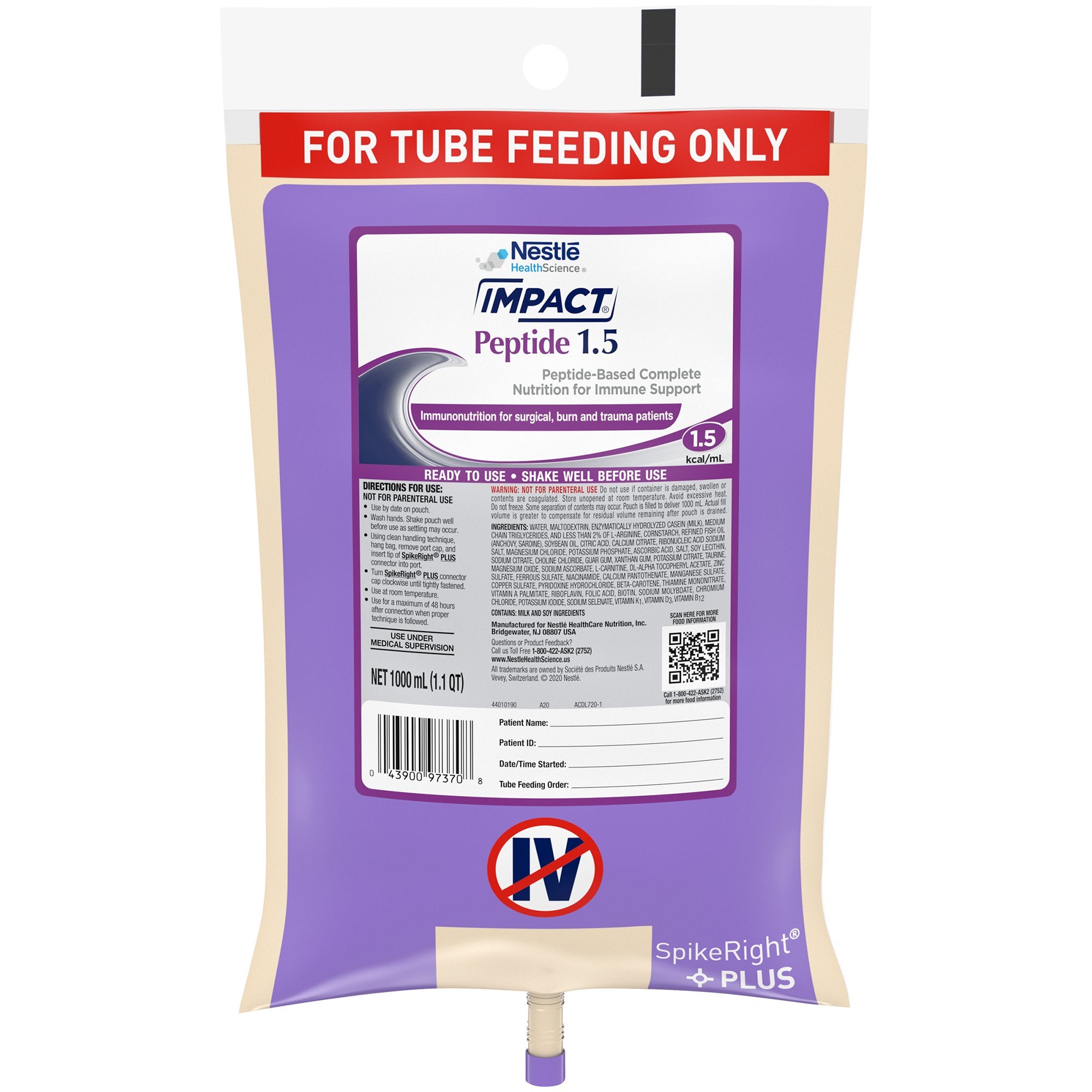 Impact® Peptide 1.5 Tube Feeding Formula, 1 liter Prefilled Container