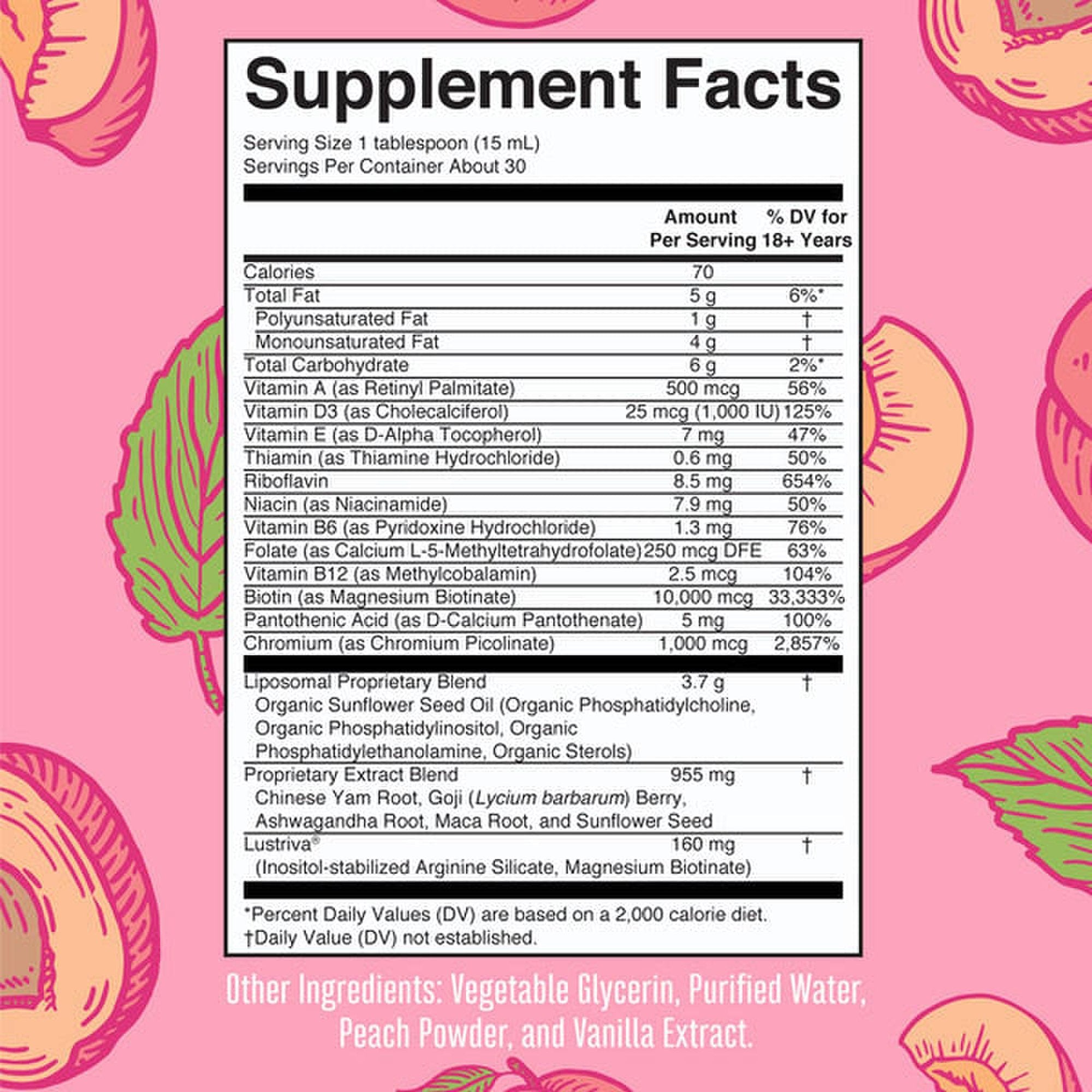 Multivitamin Supplement Mary Ruth's® Women's Multivitamin + Hair Growth Liposomal Vitamin A / D / E / Biotin 500 mcg - 25 mcg - 7 mg - 10,000 mcg Strength Liquid 15.22 oz. Peach Flavor - image 2