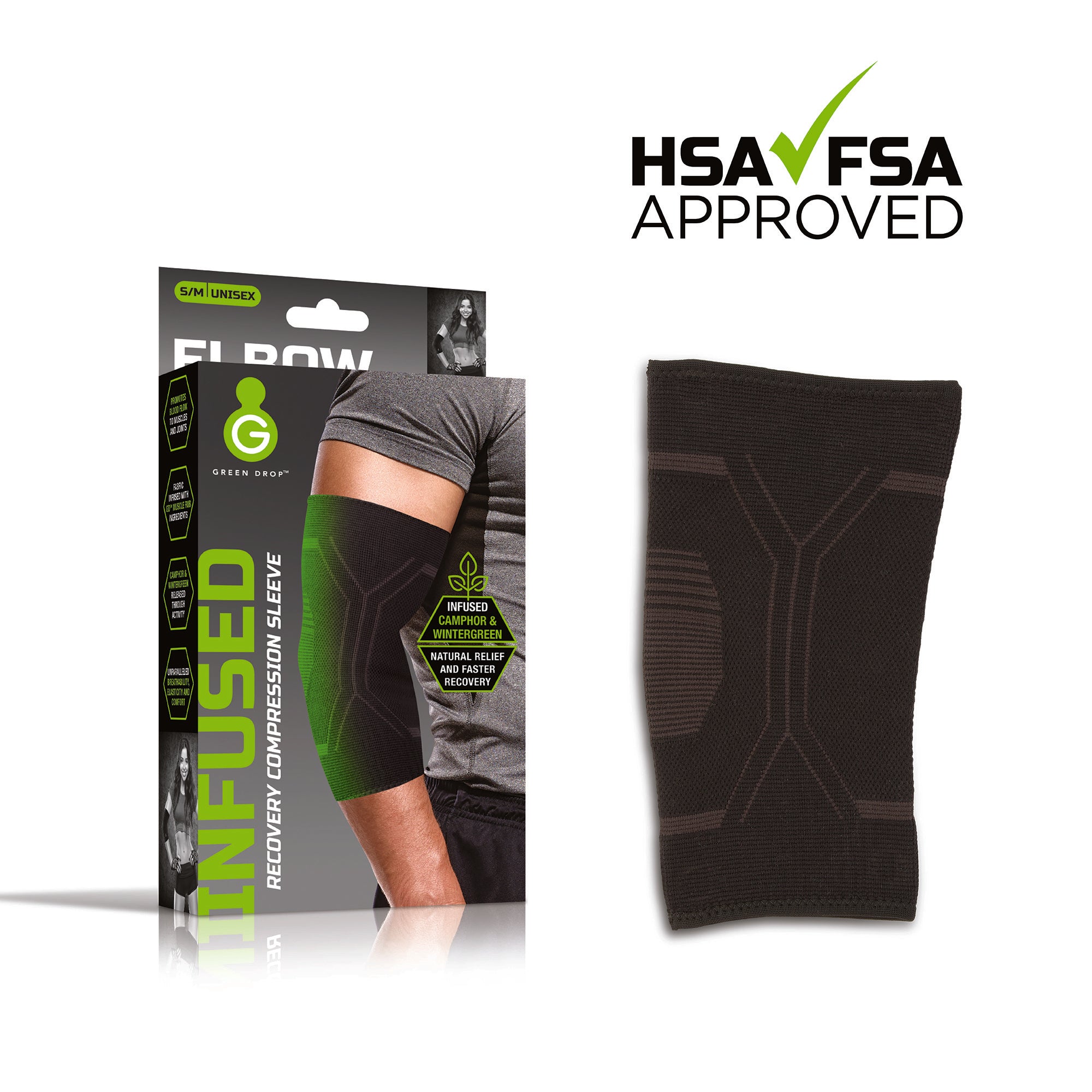 Elbow Support Green Drop™ Small / Medium Pull-On Sleeve Left or Right Elbow 8 to 12 Inch Elbow Circumference Black