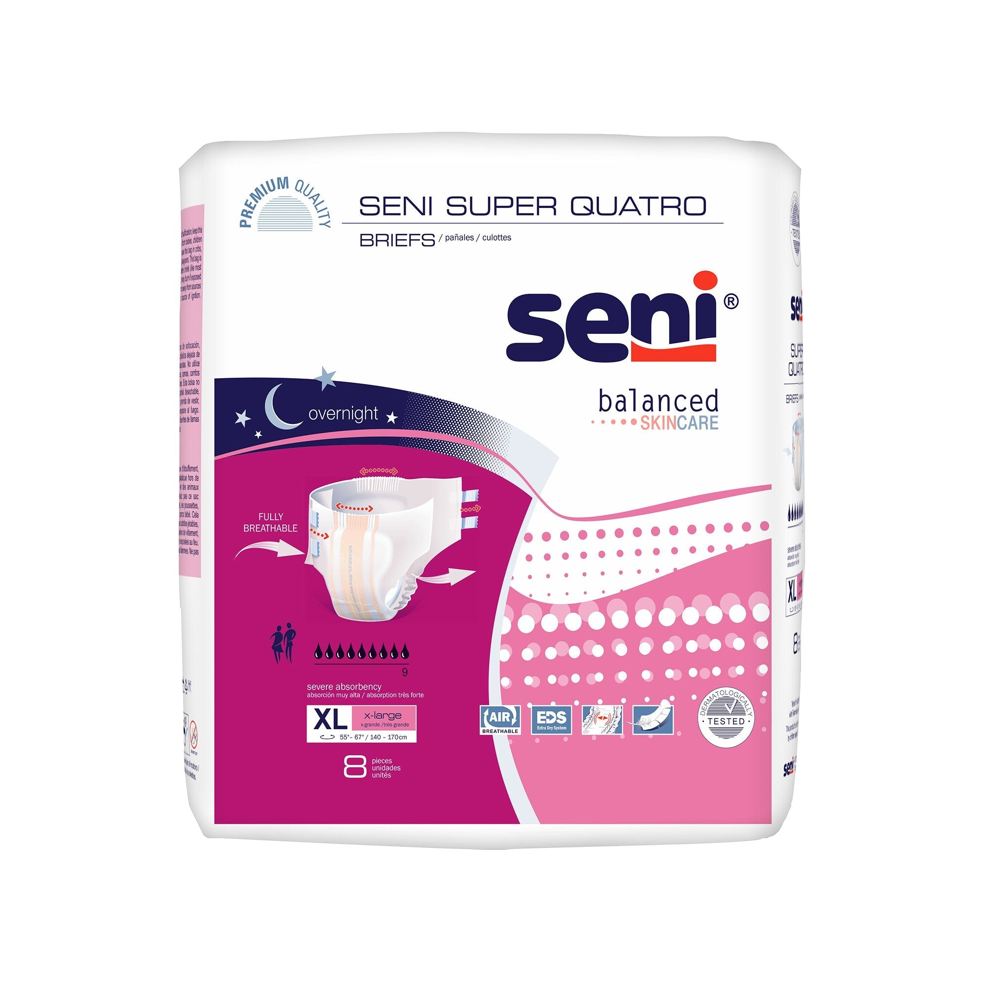 Seni Super Quatro XL Incontinence Briefs, Heavy Absorbency (8 Pack)