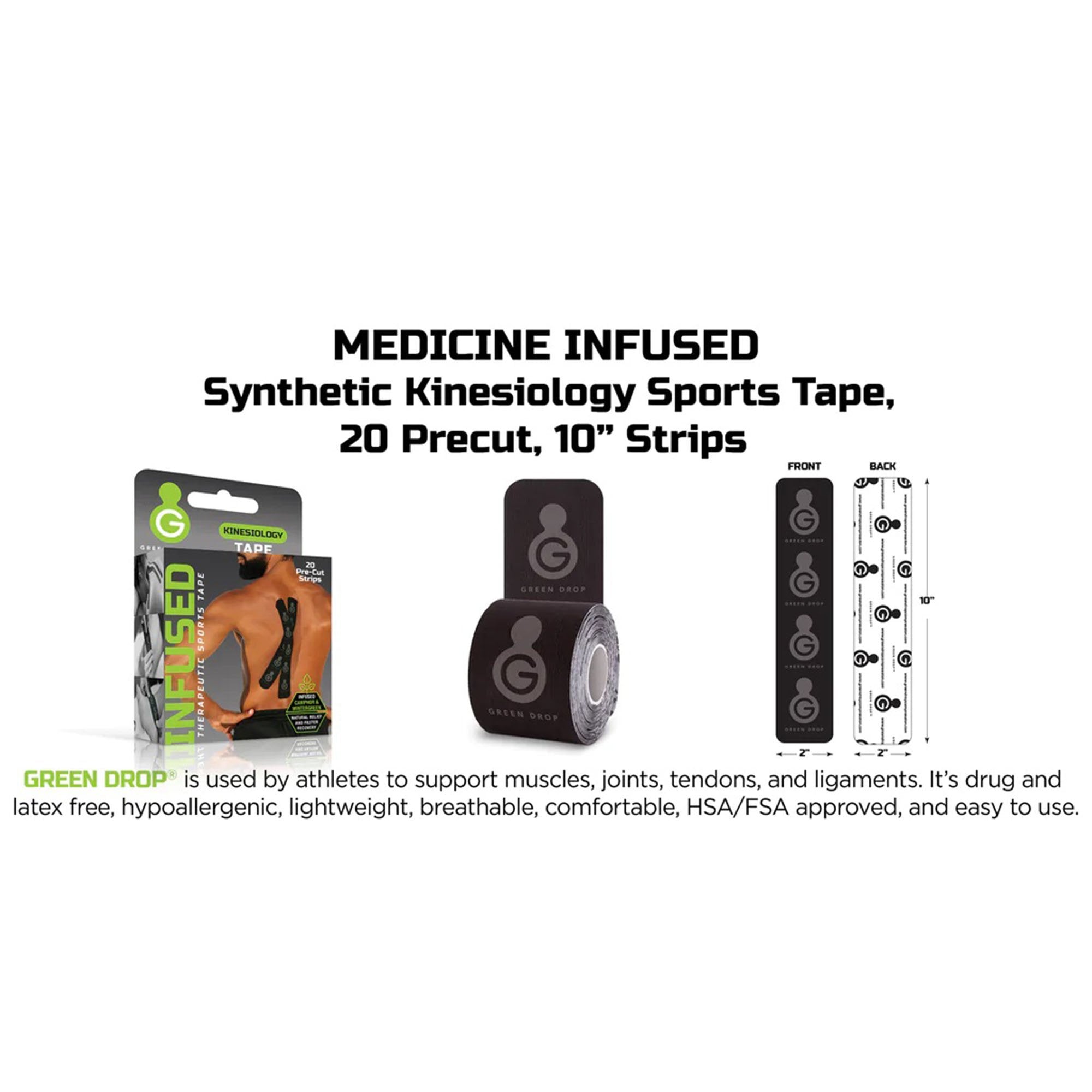 Green Drop Sports Tape, Infused Kinesiology Tape for Recovery – 20 Precut, 10-Inch Strips (20 Units)