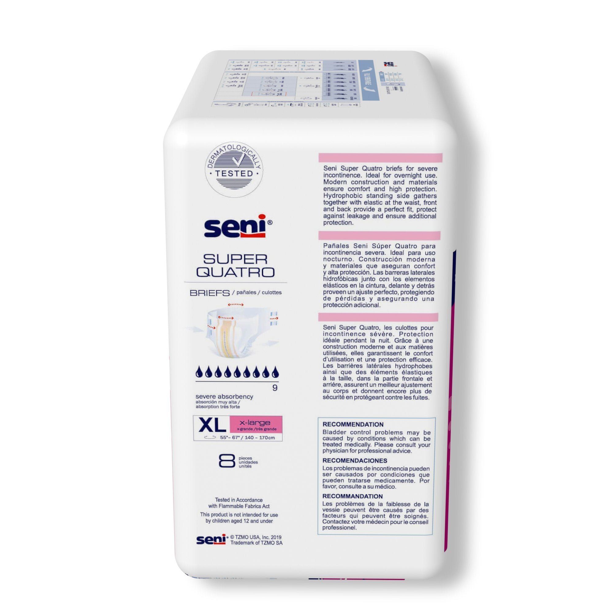 Seni Super Quatro XL Incontinence Briefs, Heavy Absorbency (8 Pack)