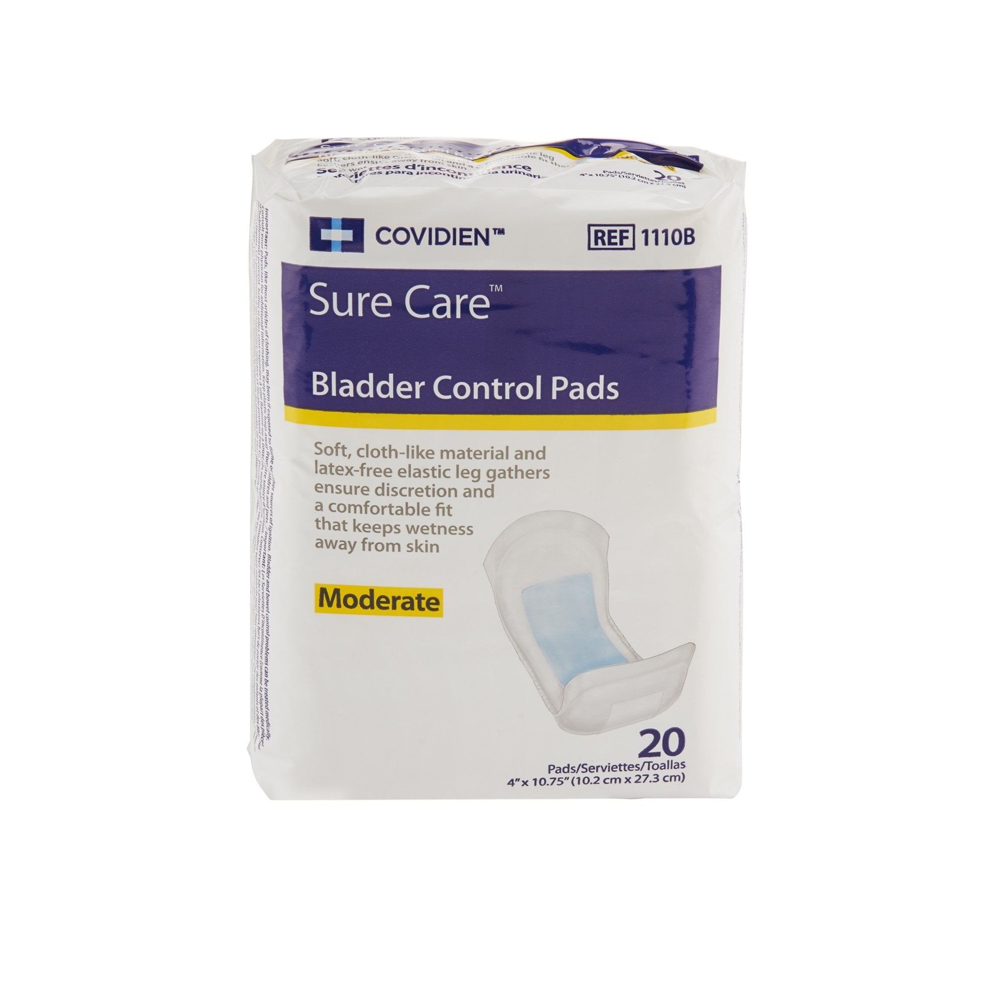 Sure Care Bladder Control Pads, Moderate Absorbency, White, Adult, Unisex, Disposable, 4 X 10-3/4 Inch (20 Units)
