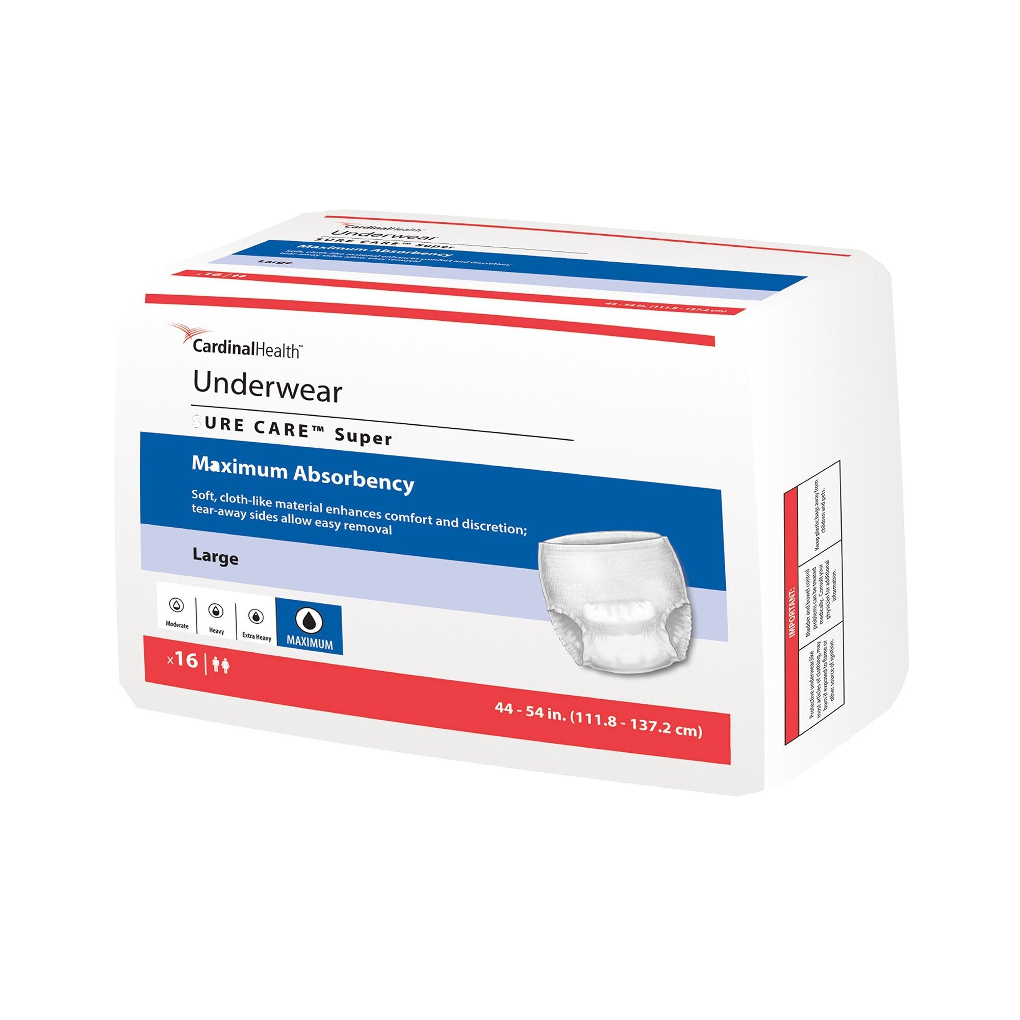 Sure Care Super Protective Incontinence Underwear, Maximum Absorbency, White, Adult, Unisex, Large, 44" to 54" Waist (16 Units)