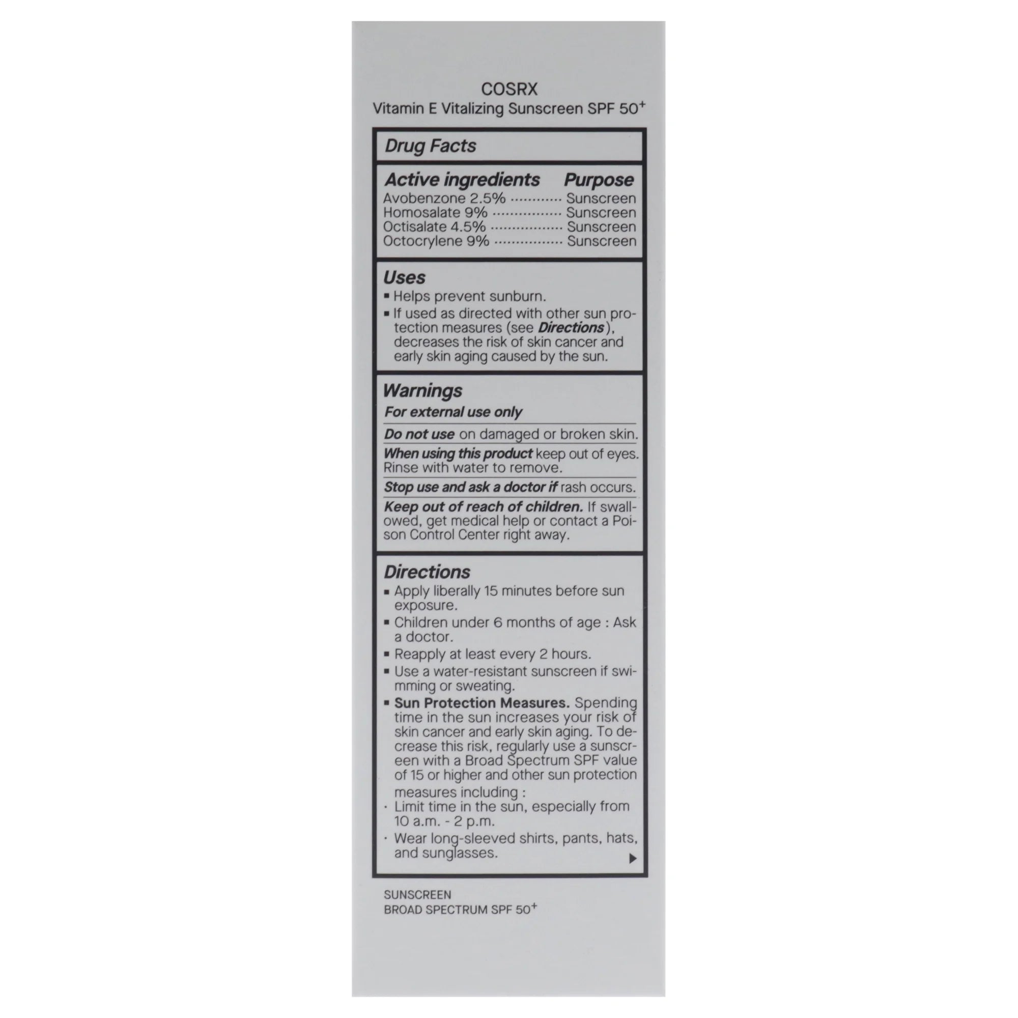 Cosrx Vitamin E Vitalizing Sunscreen SPF 50 plus , 1.69 Oz Sunscreen
