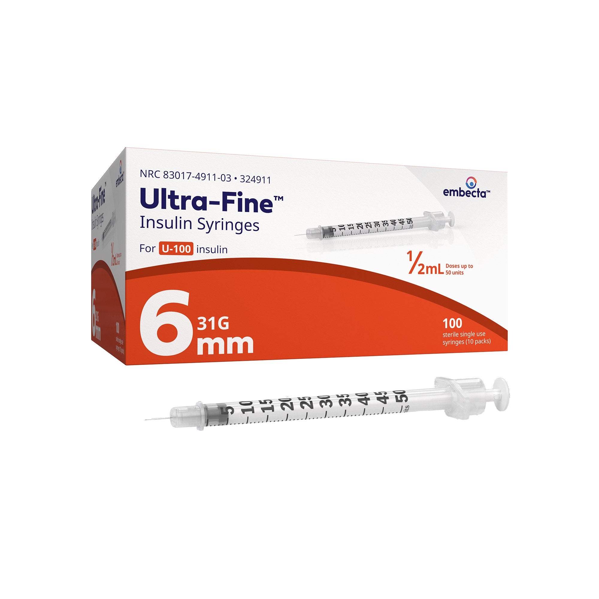 Standard Insulin Syringe with Needle Veo™ Ultra-Fine™ 0.5 mL 15/64 Inch 31 Gauge NonSafety Regular Wall