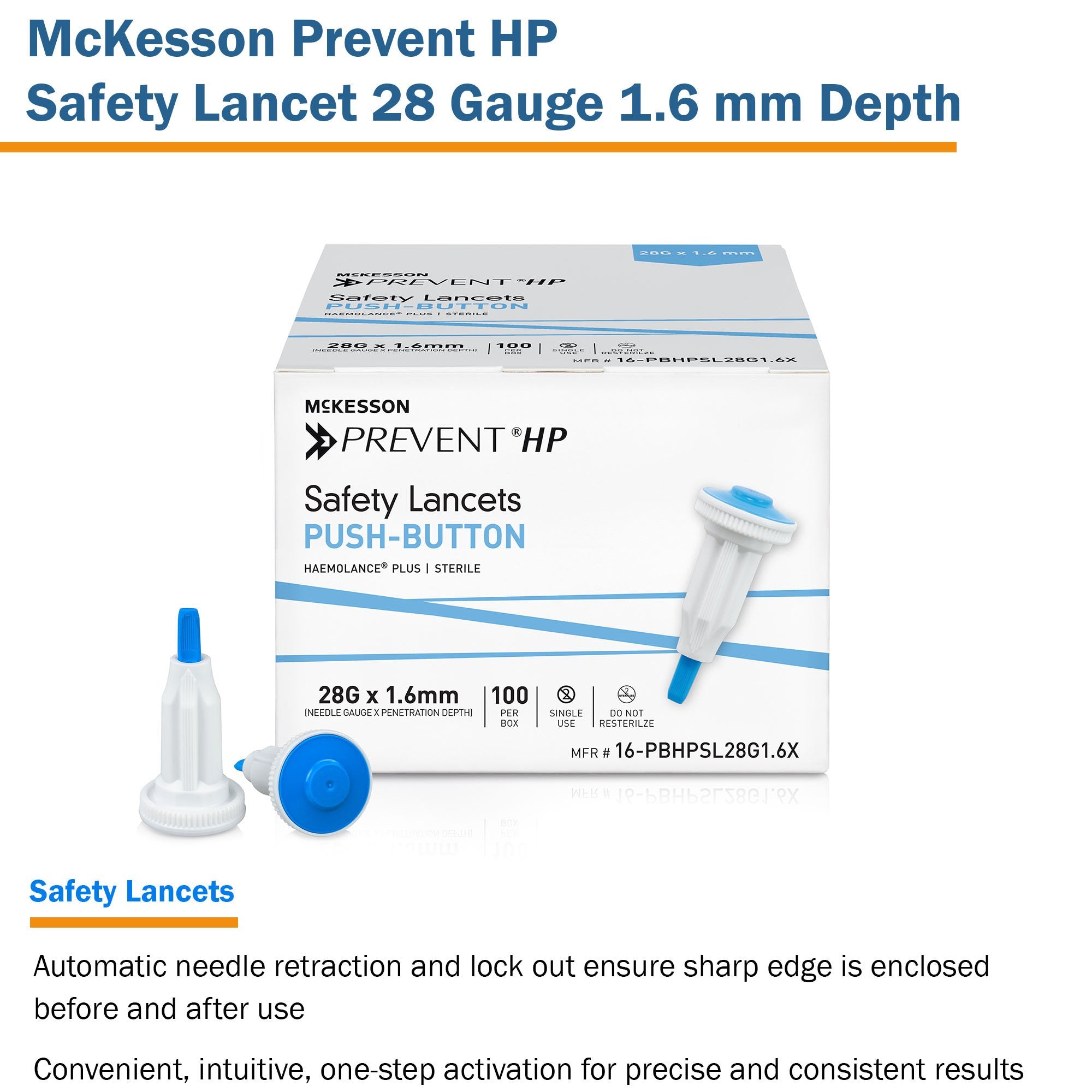 Safety Lancet McKesson Prevent® HP 28 Gauge Retractable Push Button Activation Finger - image 3
