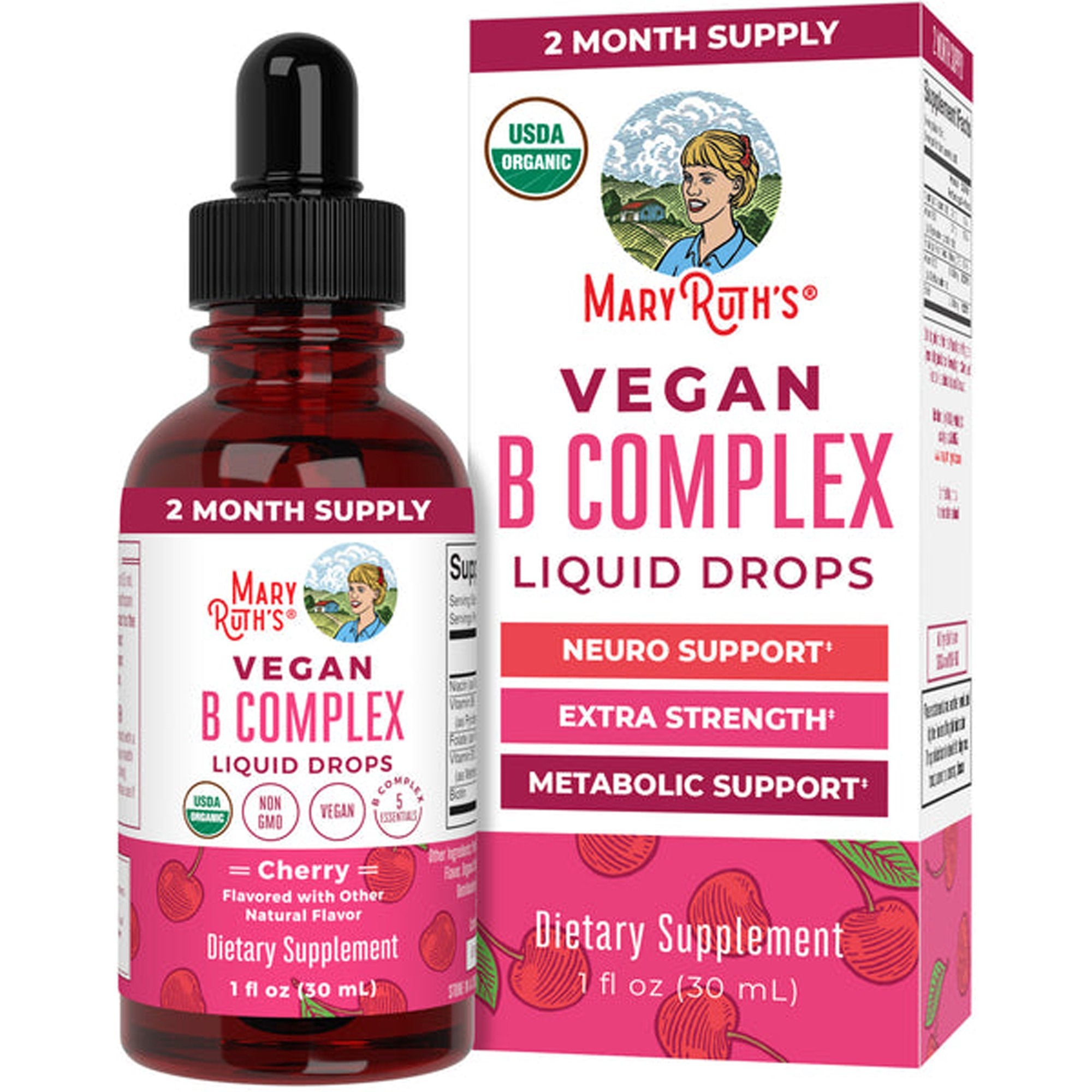 Dietary Supplement Mary Ruth's® Vegan B-Complex Niacin / Vitamin B6 / Folate / B12 / Biotin 2 mg - 2 mg - 400 mcg - 1,500 mcg - 2,500 mcg Strength Drop 1 oz. Cherry Flavor