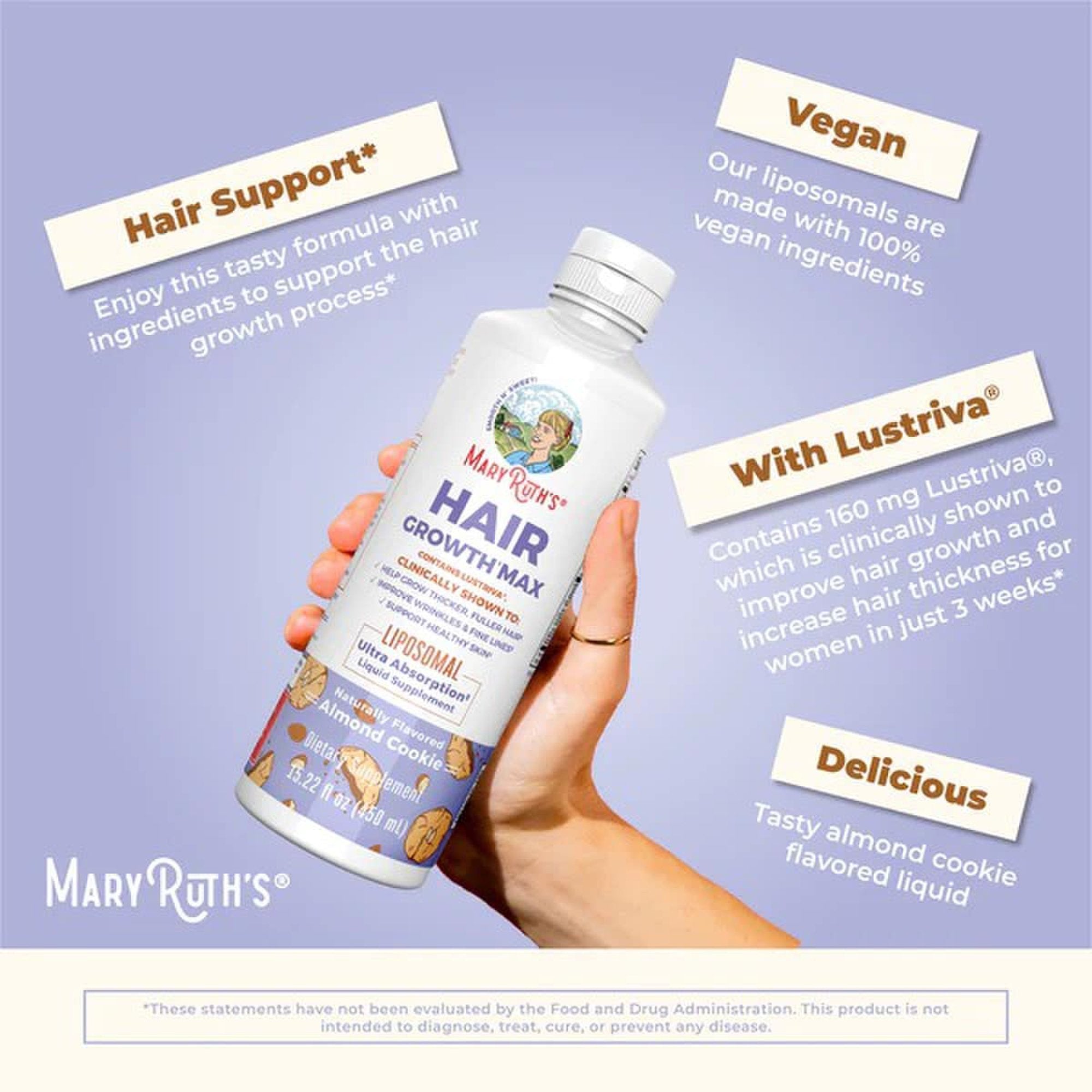 Dietary Supplement Mary Ruth's® Hair Growth Max Liposomal Vitamin E / B6 / Biotin 4 mg / 3 mg / 10,000 mcg Strength Liquid 15.22 oz. Almond Cookie Flavor - image 5