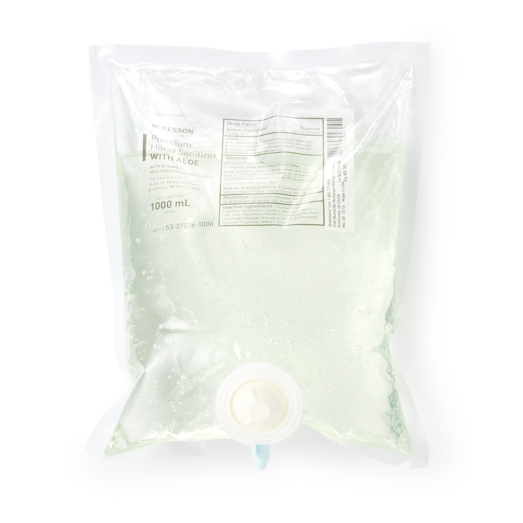 Hand Sanitizer with Aloe McKesson Premium 1,000 mL Ethyl Alcohol Gel Dispenser Refill Bag