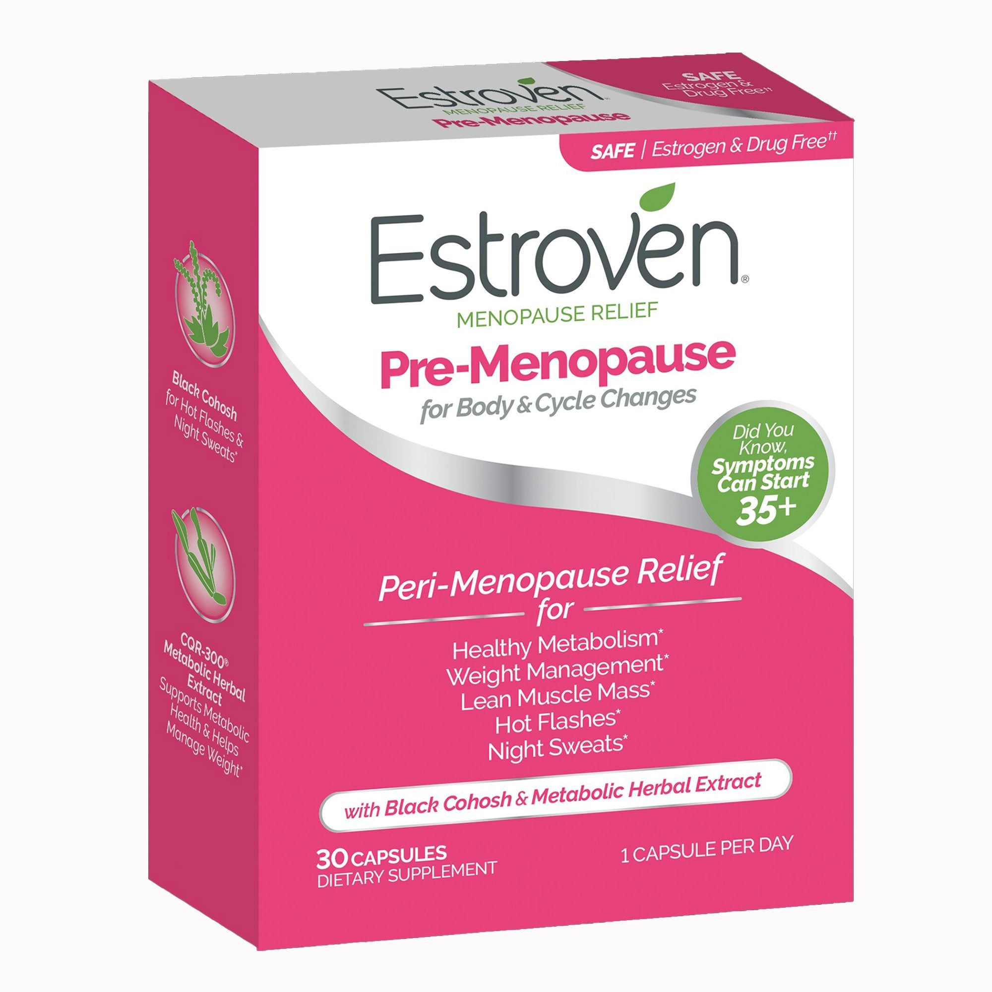 Dietary Supplement Estroven® Pre-Menopause Black Cohosh Root / Soy Isoflavones / Cissus guadrangularis Stem and Leaf Extract 40 mg - 56 mg - 300 mg Strength Caplet 30 per Box