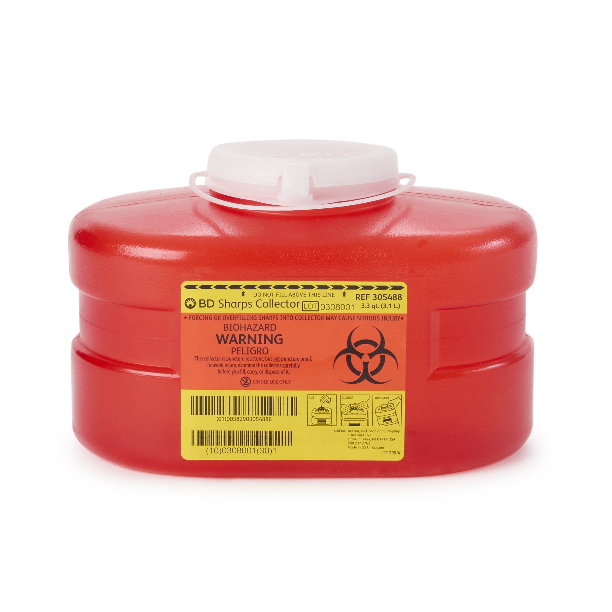 Becton Dickinson Red Sharps Container, 3.3 Quart, 5.3 x 9.1 x 5 Inch