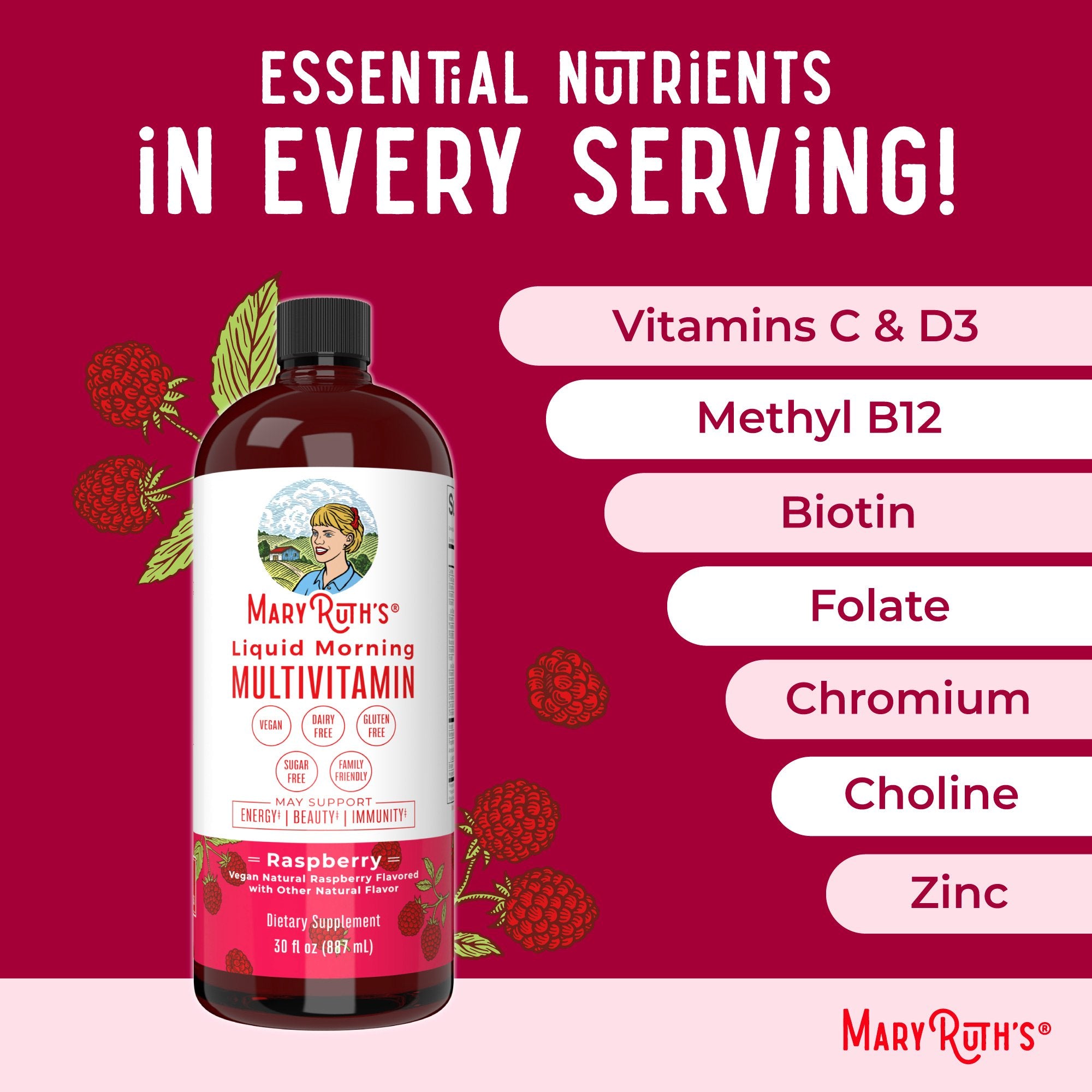 Dietary Supplement Mary Ruth's® Liquid Morning Multivitamin Vitamin A / C / D / E 80 mcg - 8 mg - 1.7 mcg - 1.5 mg Strength Liquid 30 oz. Raspberry Flavor - image 4