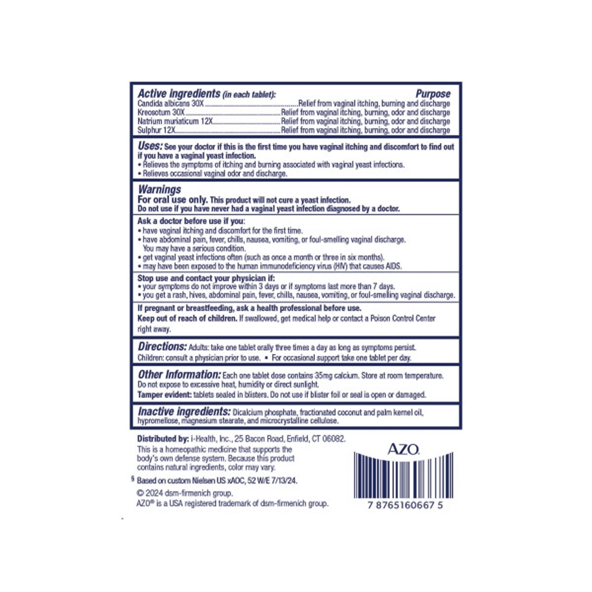 Pain Relief AZO® Yeast® Plus 30X - 30X - 12X -12X Strength Candida Albicans / Kreosotum / Natrium Muriaticum / Sulphur Tablet 60 per Box - image 4