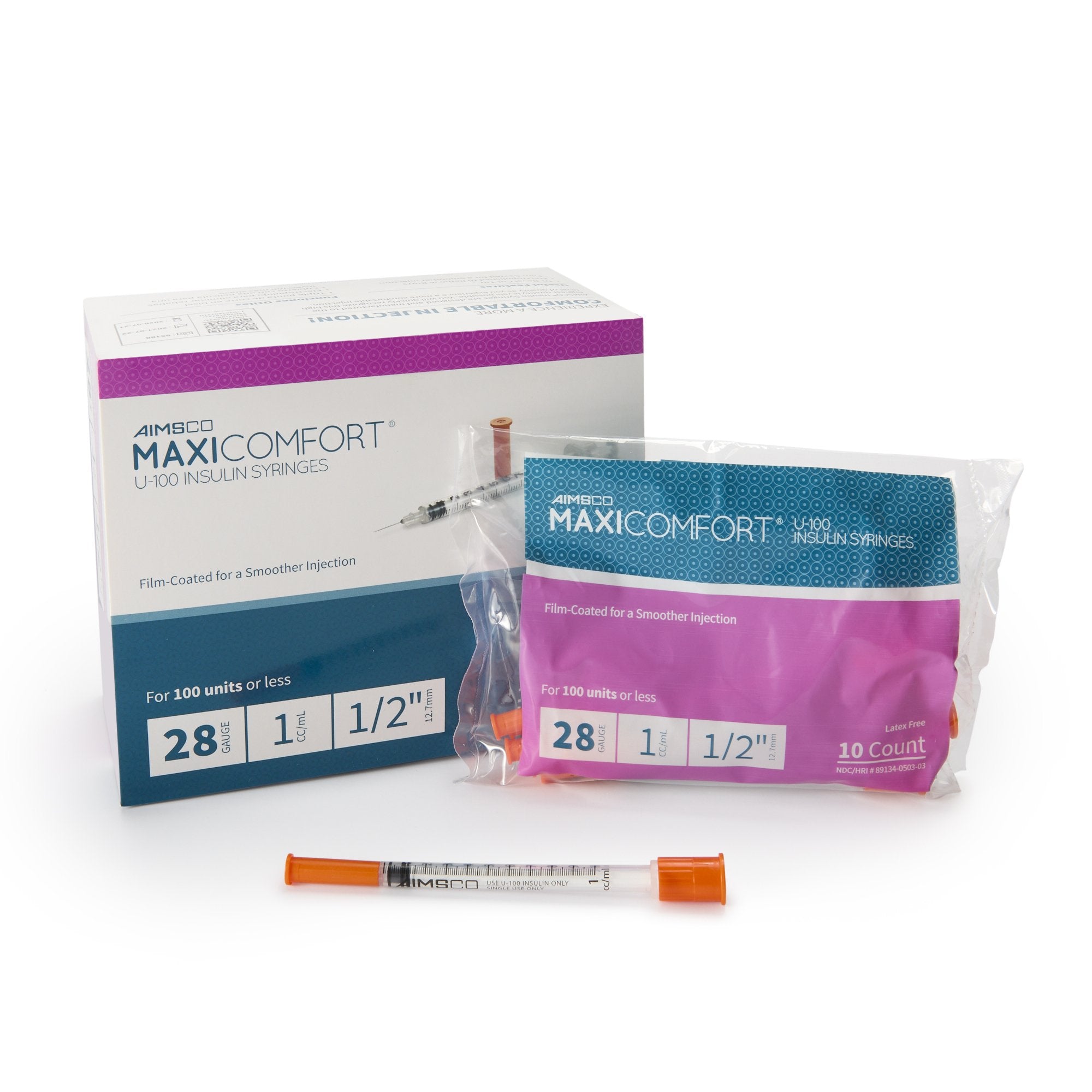 Standard Insulin Syringe with Needle AIMSCO® 1 mL 1/2 Inch 28 Gauge NonSafety Ultra Thin Wall