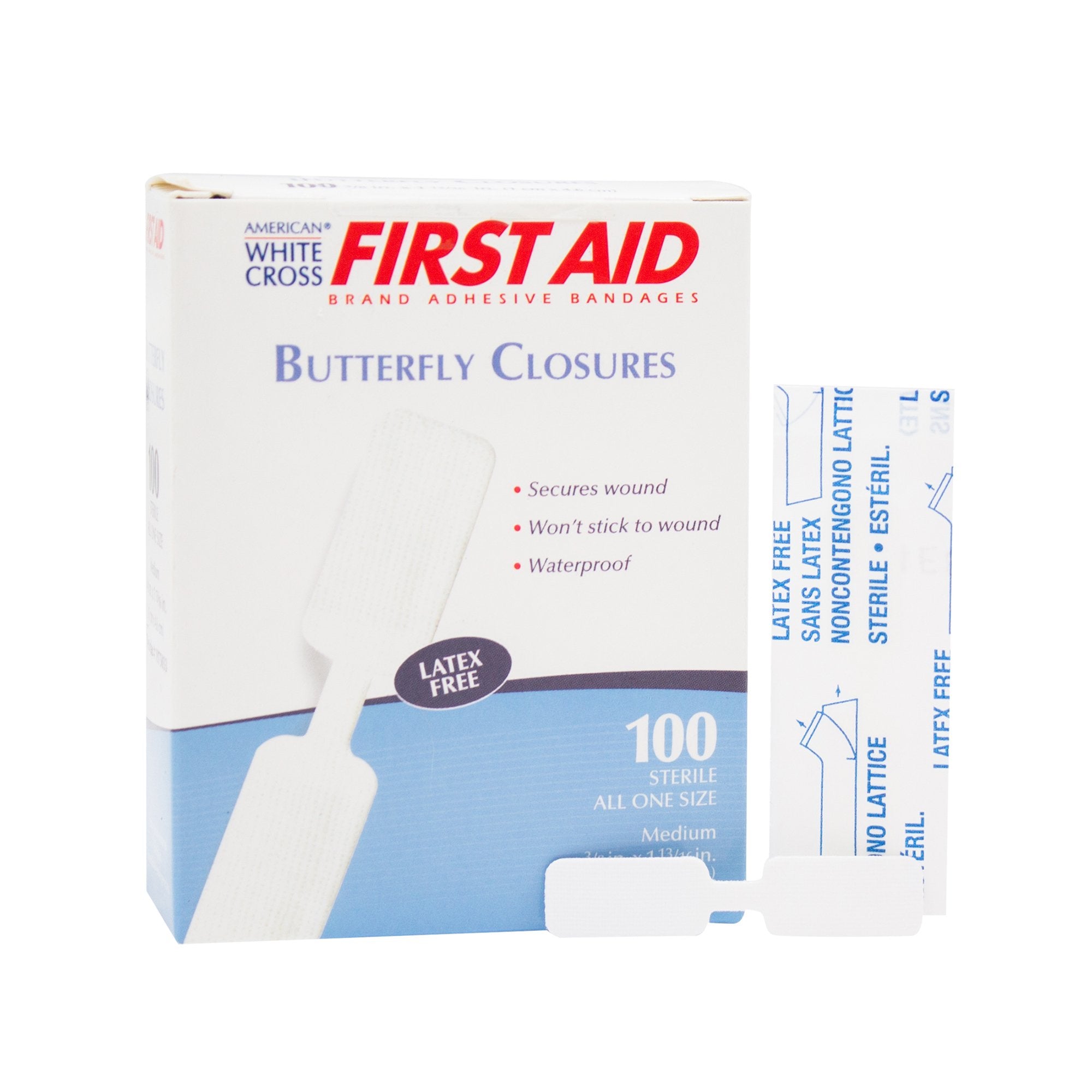 American® White Cross First Aid Butterfly Adhesive Bandages, 0.95 x 4.6 cm