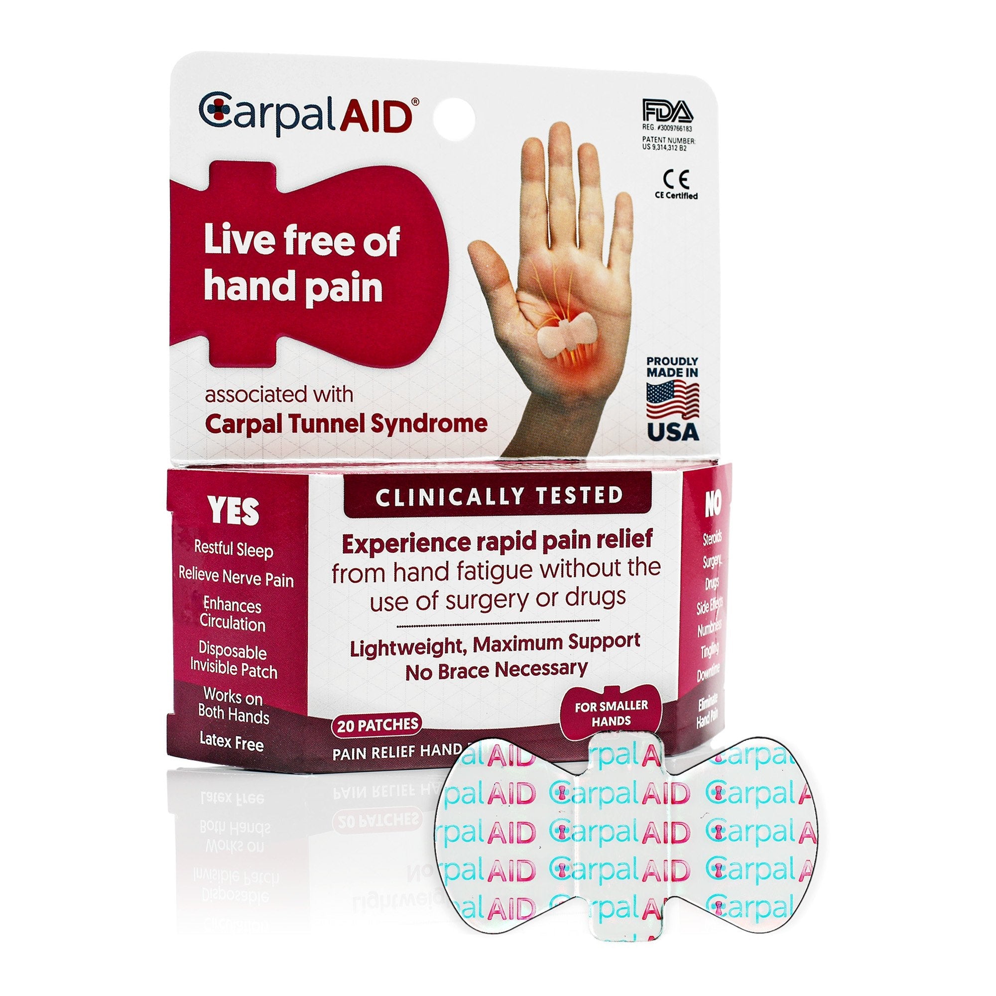 CarpalAid® Patch Hand-Based Carpal Tunnel Support, Large (20 Units)