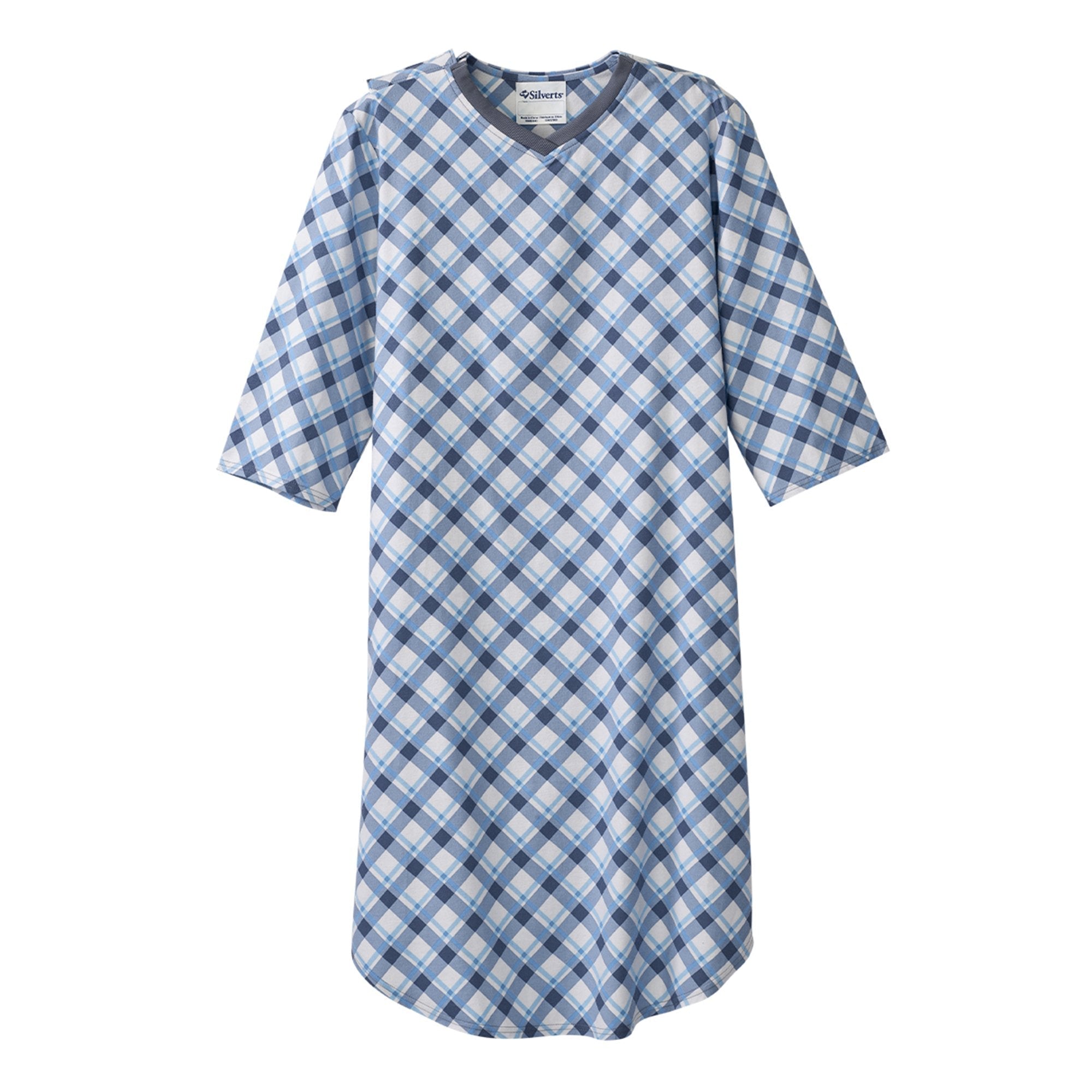 Silverts® Shoulder Snap Patient Exam Gown, 2X-Large, Diagonal Blue Plaid (1 Unit)