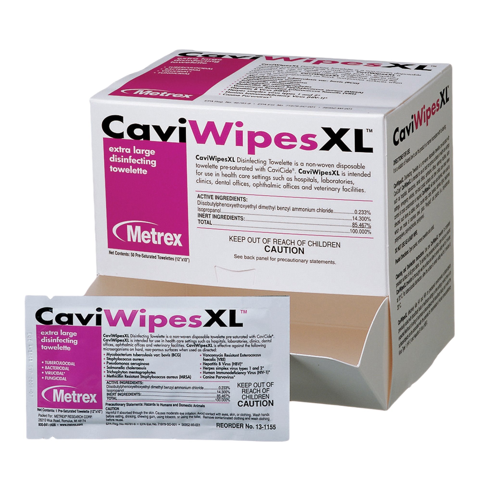 Metrex CaviWipes Surface Disinfectant Alcohol-Based Wipes, Non-Sterile, Disposable, Alcohol Scent, Individual Packet, 10 X 12 Inch (50 Units)