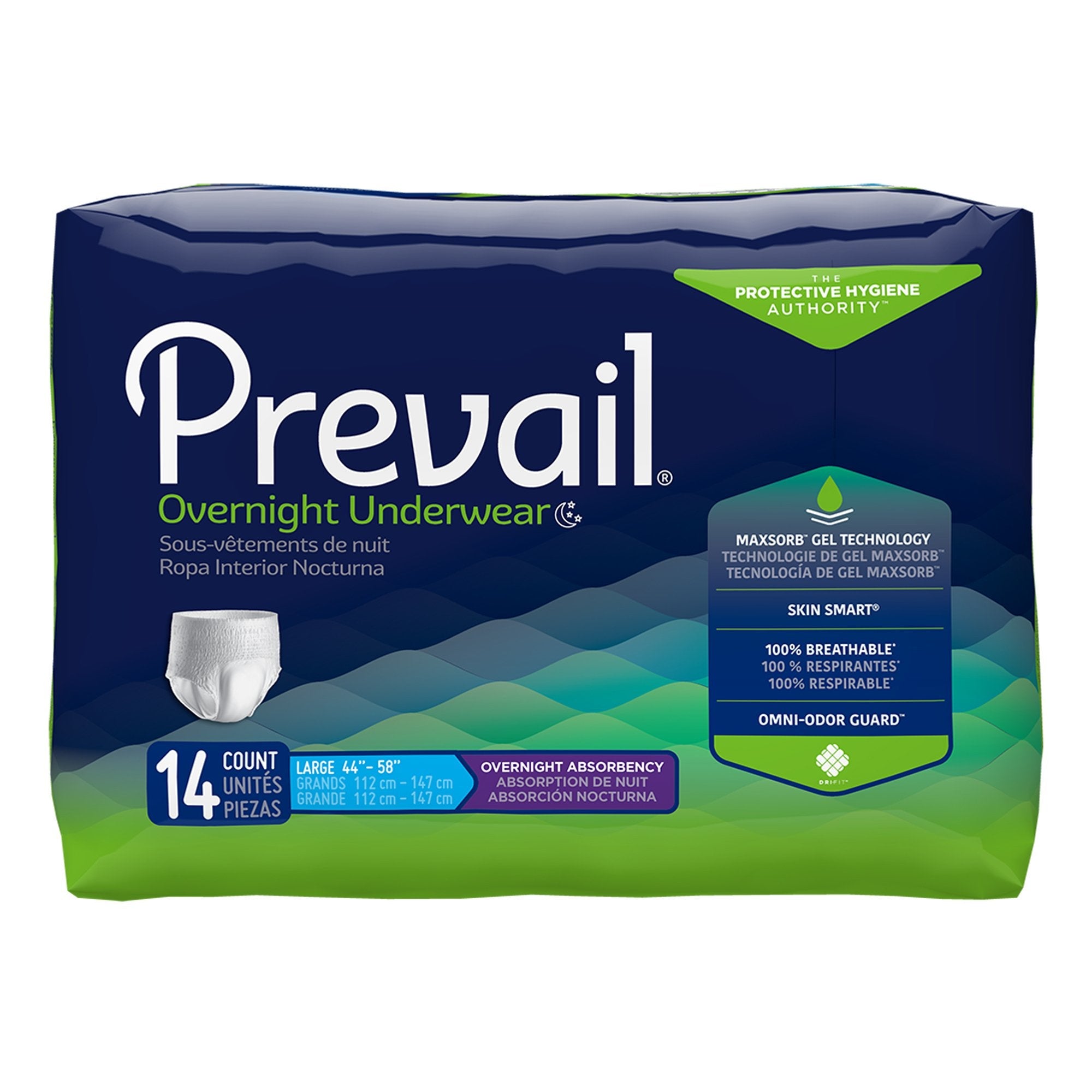 Prevail Overnight Large Absorbent Underwear - 14 Pack, MaxSorb Gel, Skin Smart Fabric