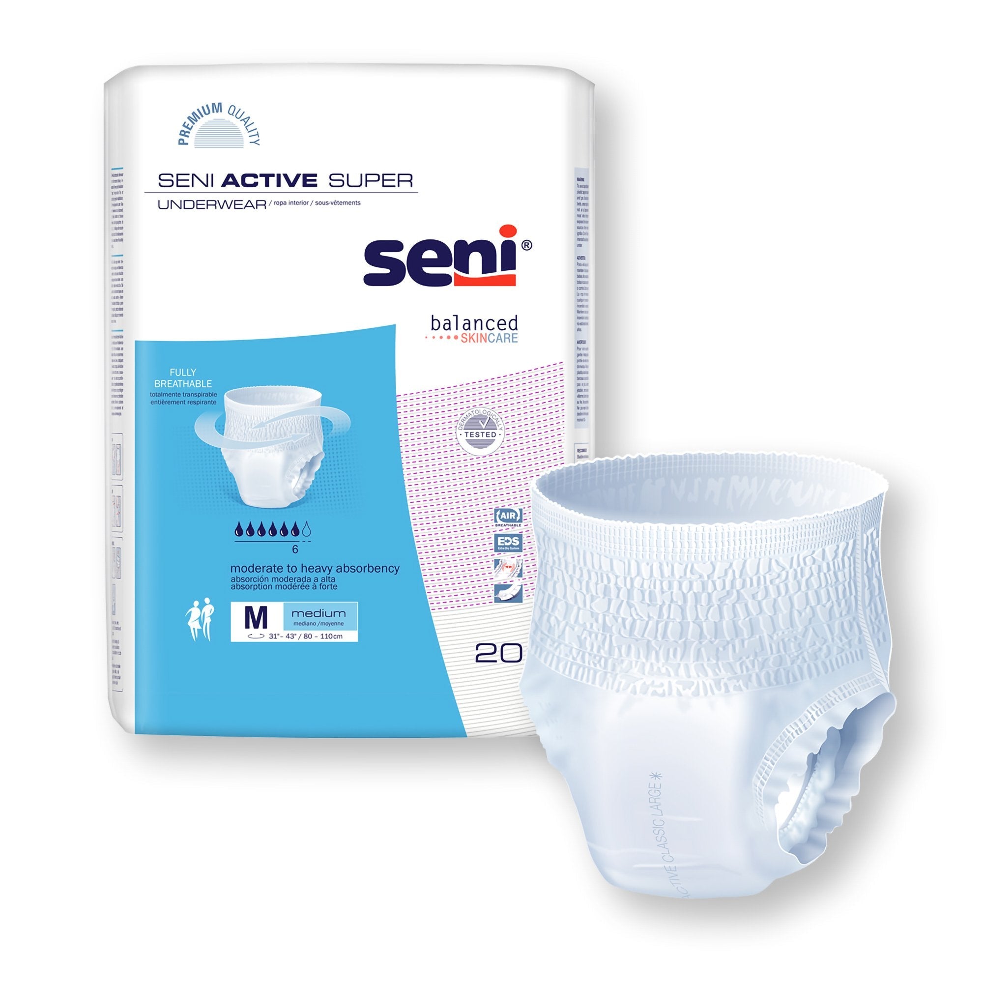 Seni® Active Super Moderate to Heavy Absorbent Underwear, Medium (20 Units)