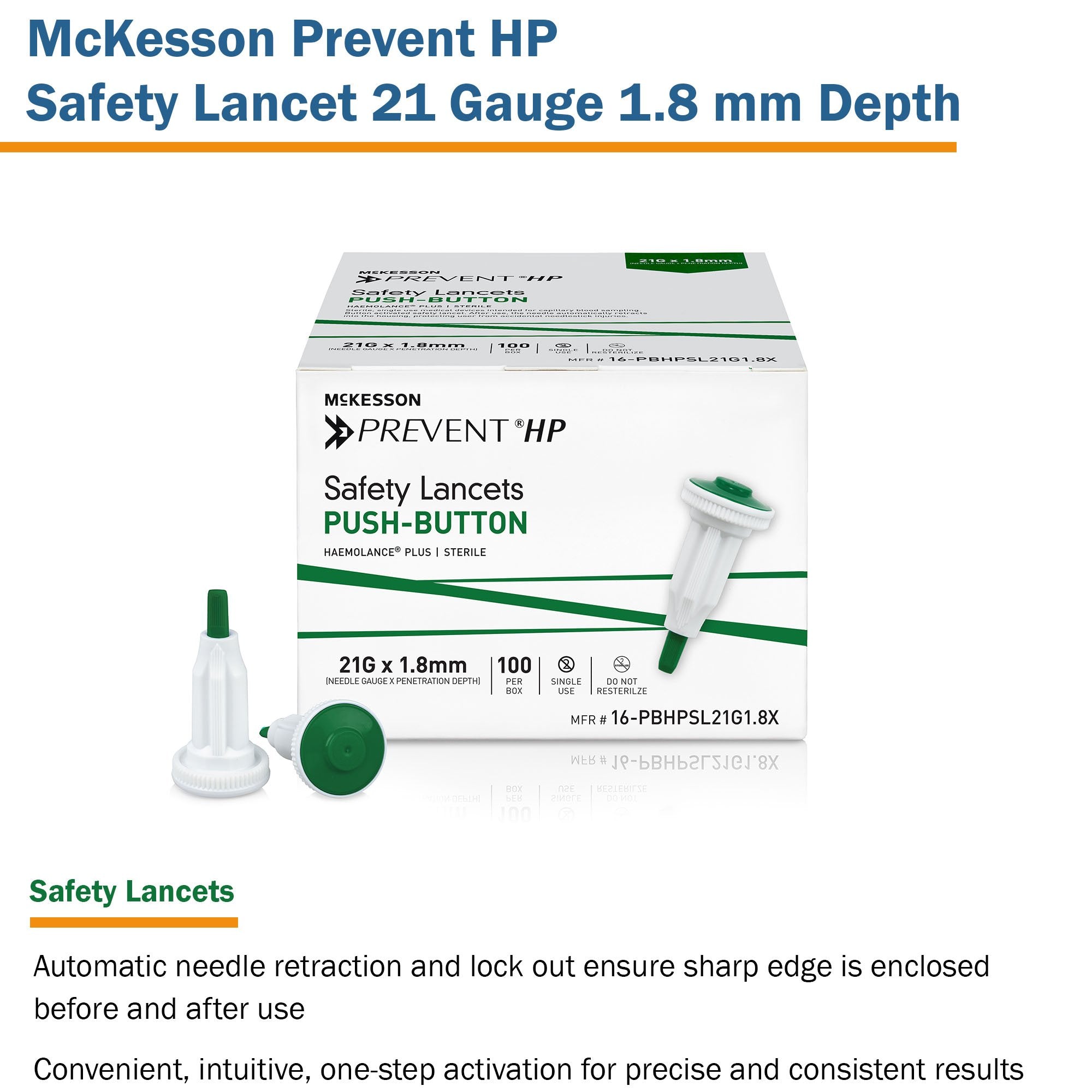 Safety Lancet McKesson Prevent® HP 21 Gauge Retractable Push Button Activation Finger - image 2