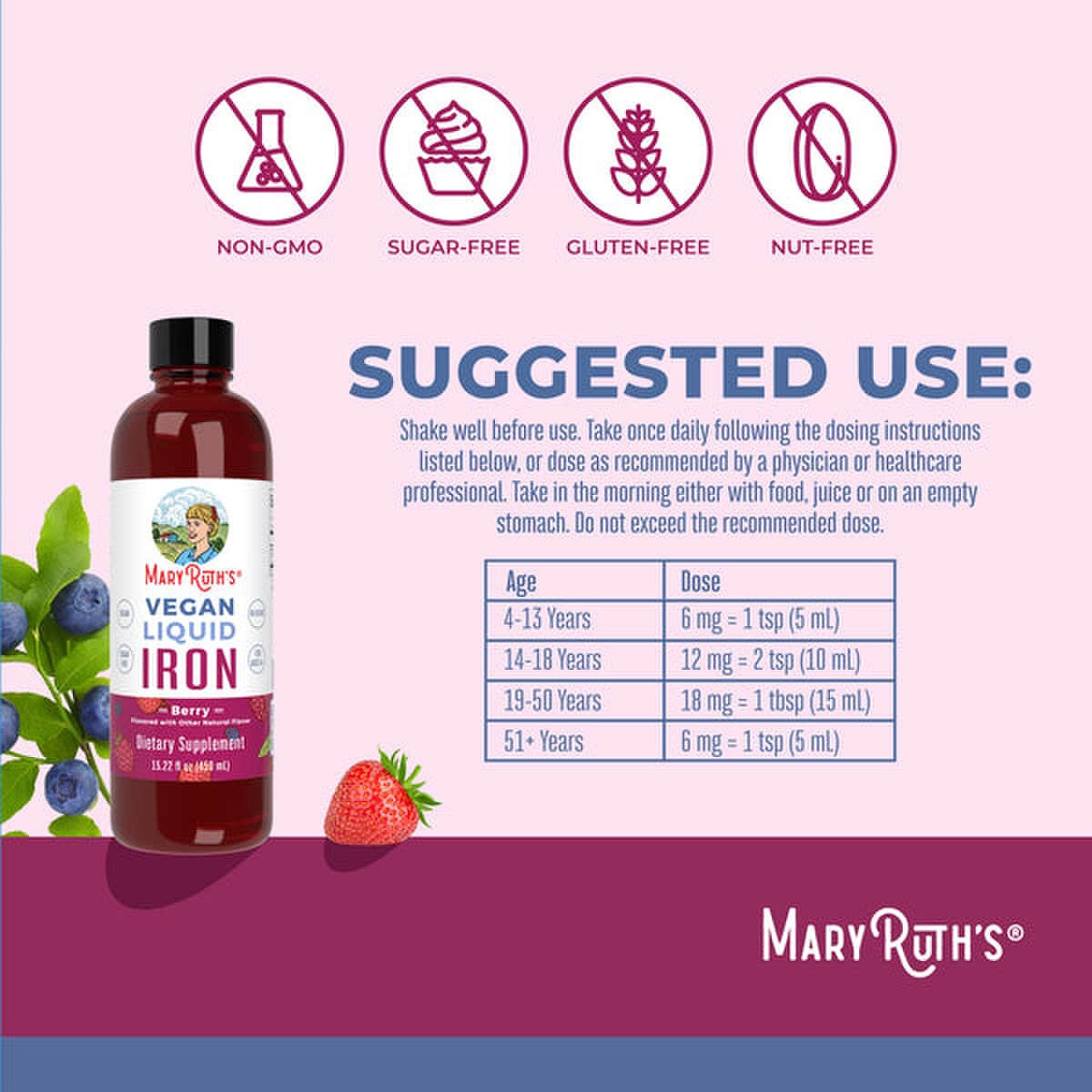 Dietary Supplement Mary Ruth's® Liquid Iron Iron 6 to 18 mg Strength Liquid 16 oz. Berry Flavor - image 3