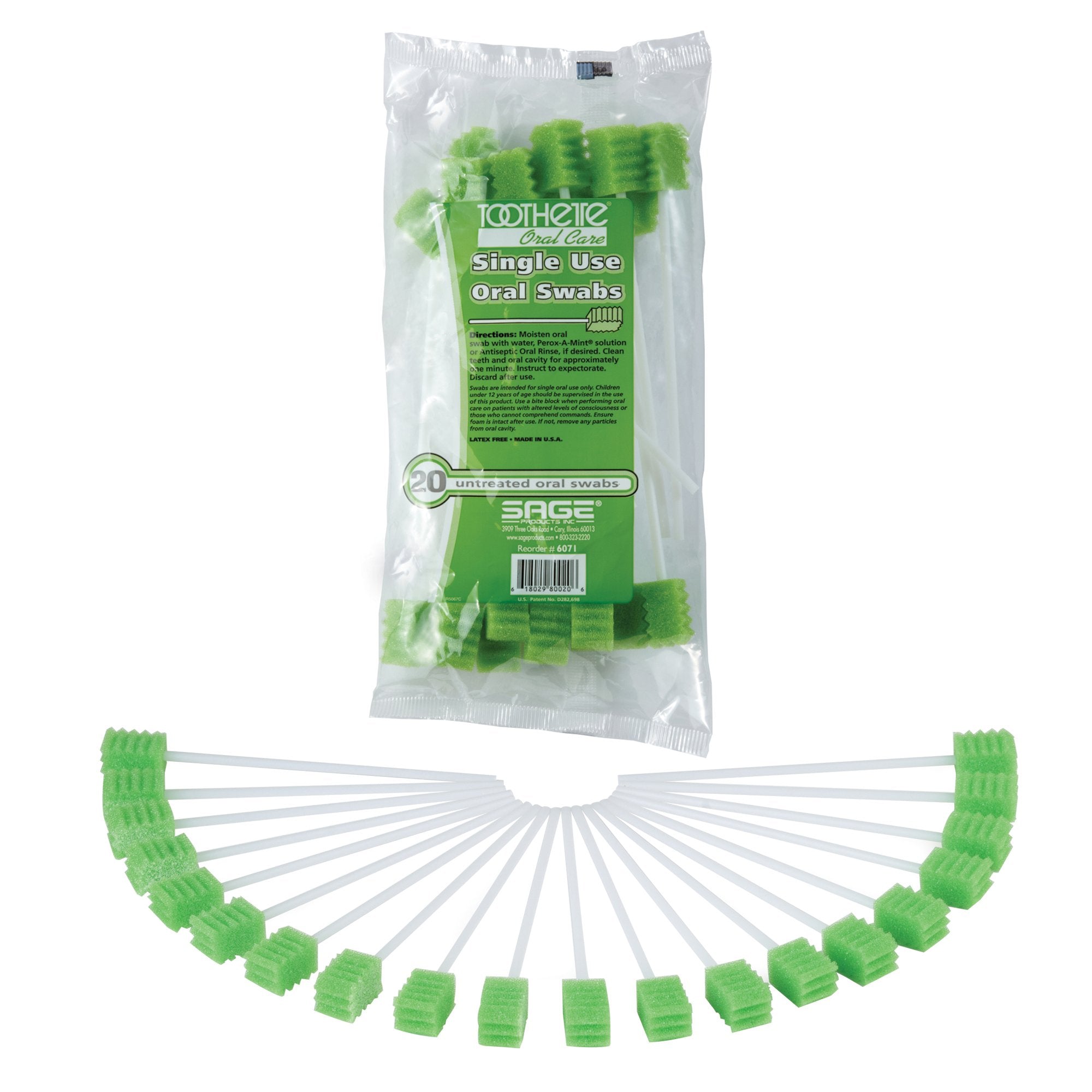 Toothette Plus Oral Swabsticks Foam Tip Untreated, 6" Length, Green (50 Units)