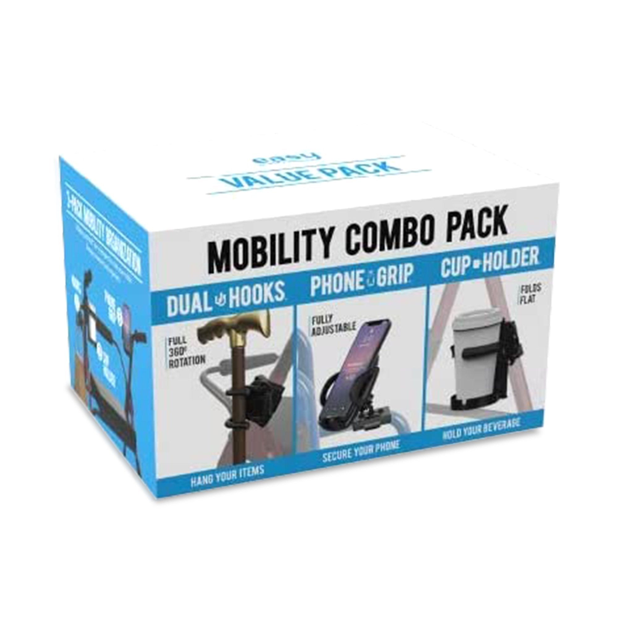 Mobility Aid Combo Pack, Cup Holder, Phone Grip, Bag Hooks (16 Units)