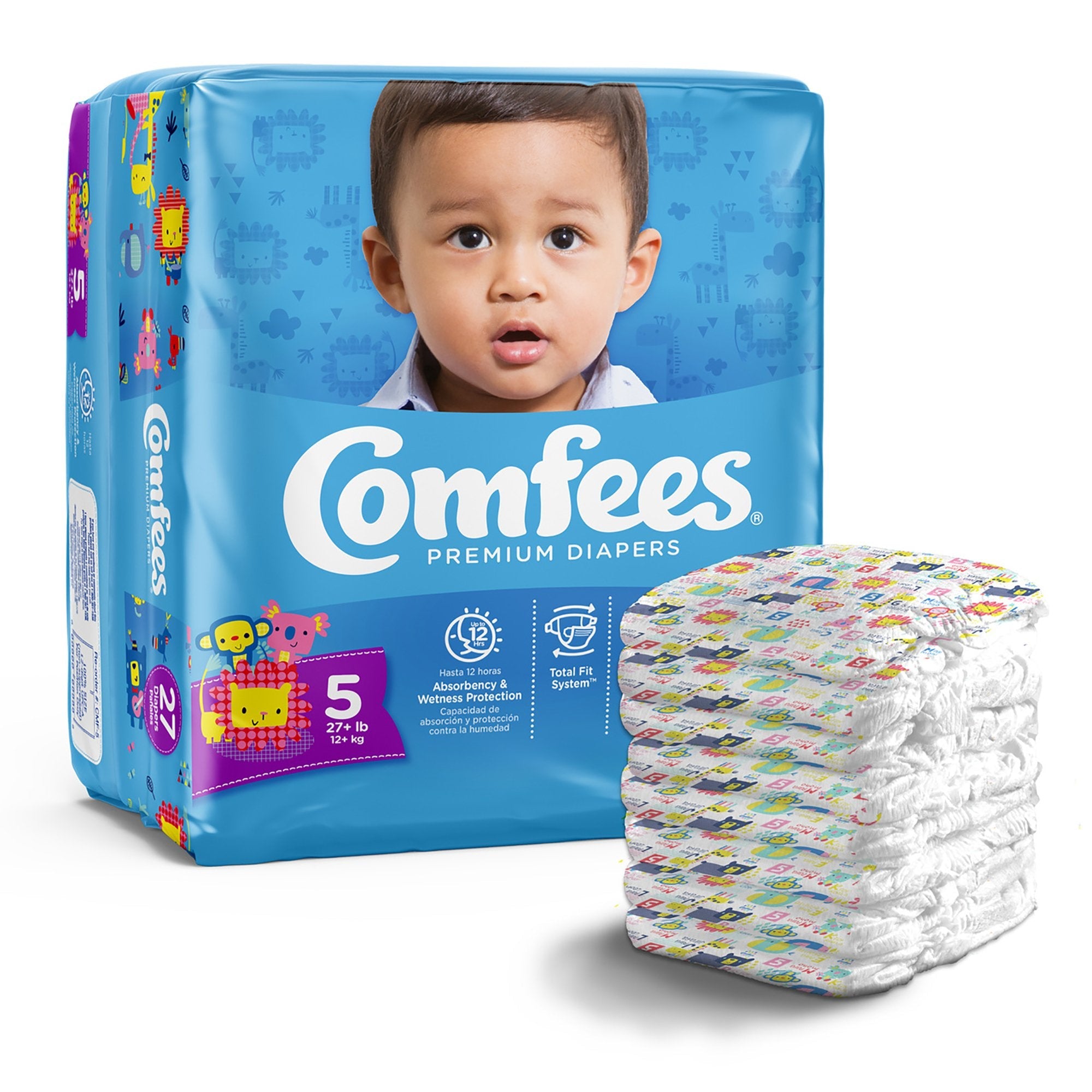 Attends Comfees Premium Baby Diapers, Unisex, Tab Closure, Size 5 (27 Units)