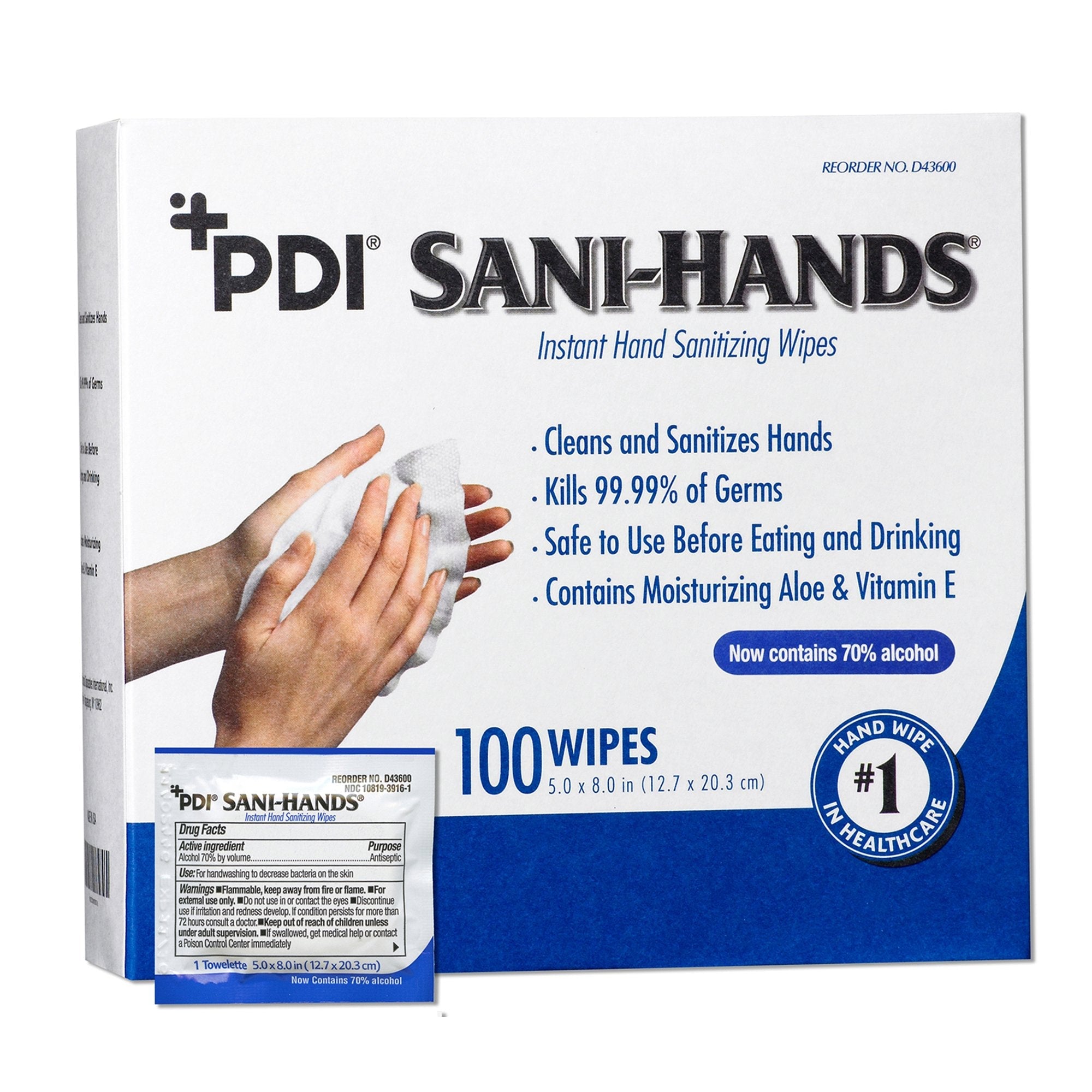 Sani-Hands Hand Sanitizing Wipes, Ethyl Alcohol, Unscented, 5 X 8 Inch (100 Units)