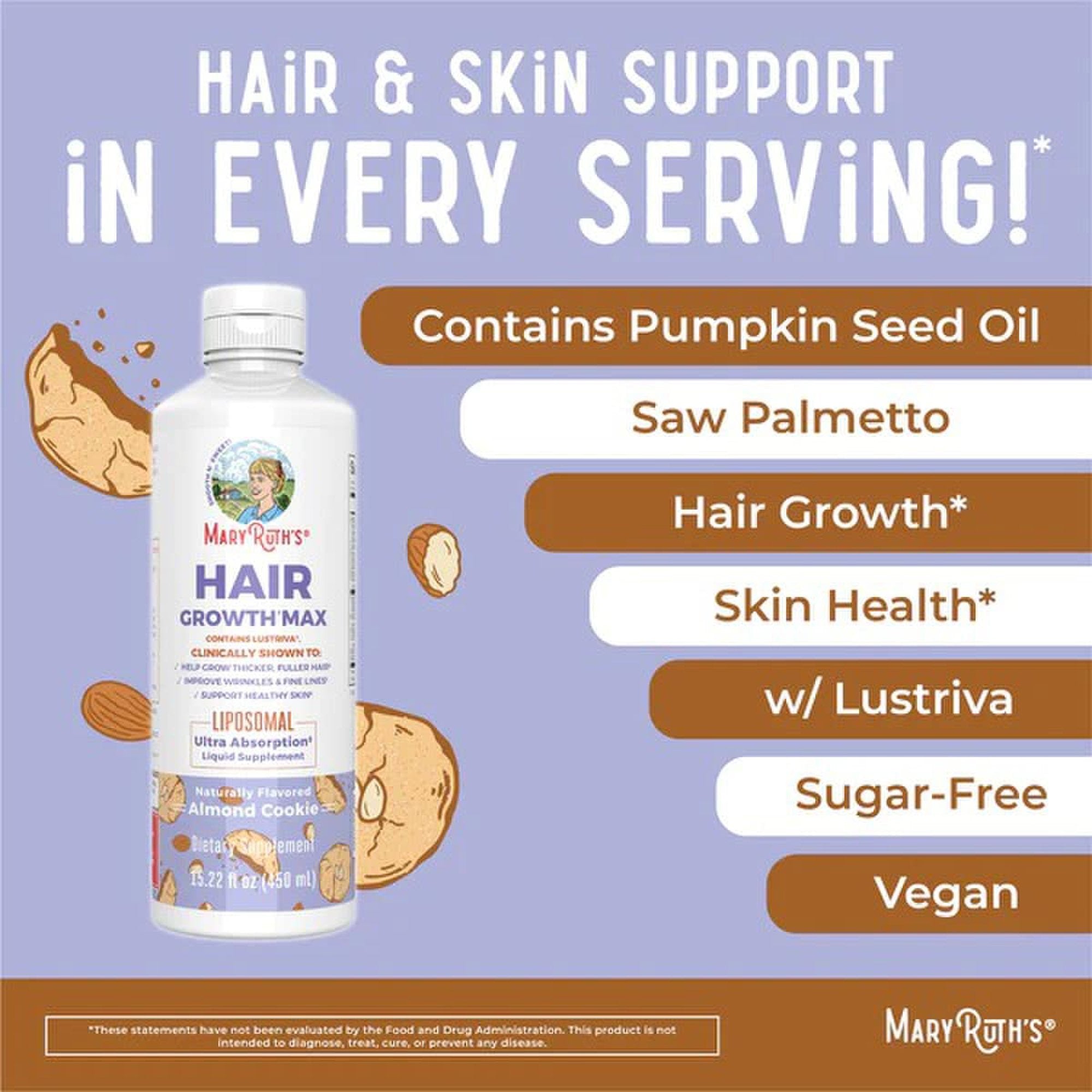 Dietary Supplement Mary Ruth's® Hair Growth Max Liposomal Vitamin E / B6 / Biotin 4 mg / 3 mg / 10,000 mcg Strength Liquid 15.22 oz. Almond Cookie Flavor - image 4