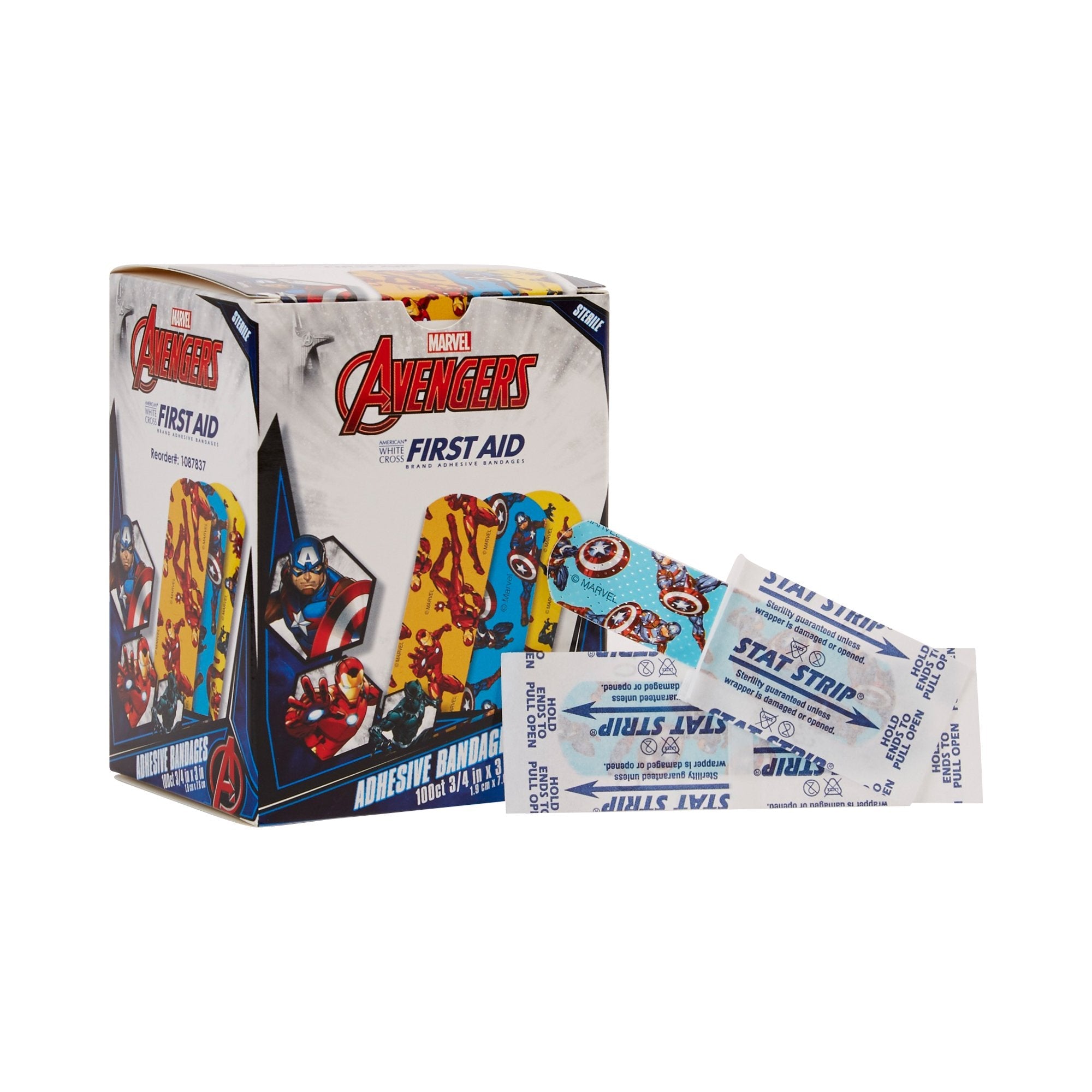 American® White Cross Stat Strip® Kid Design (Black Panther / Captain America / Iron Man) Adhesive Strip, 3/4 x 3 Inch (1200 Units)