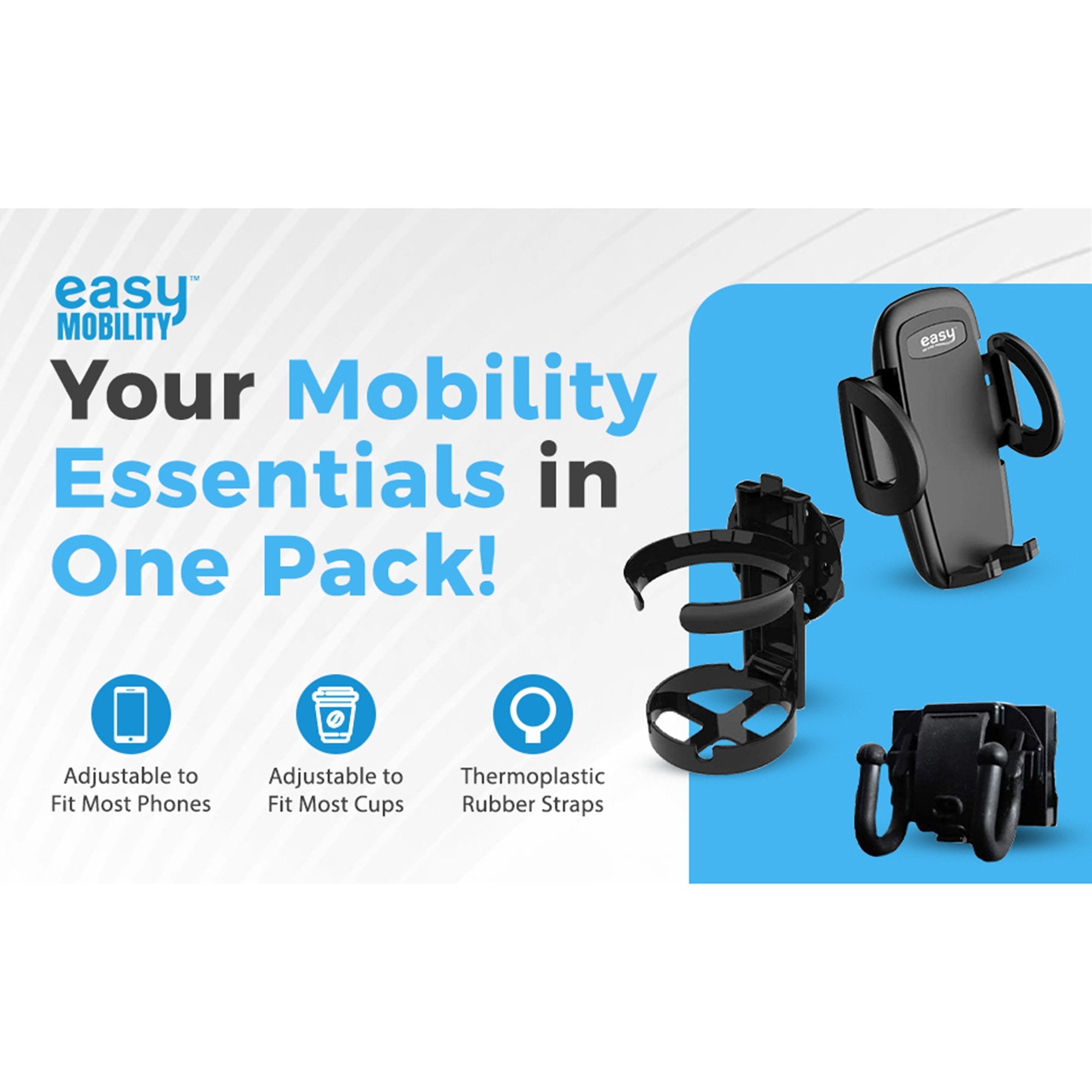 Mobility Aid Combo Pack, Cup Holder, Phone Grip, Bag Hooks (16 Units)