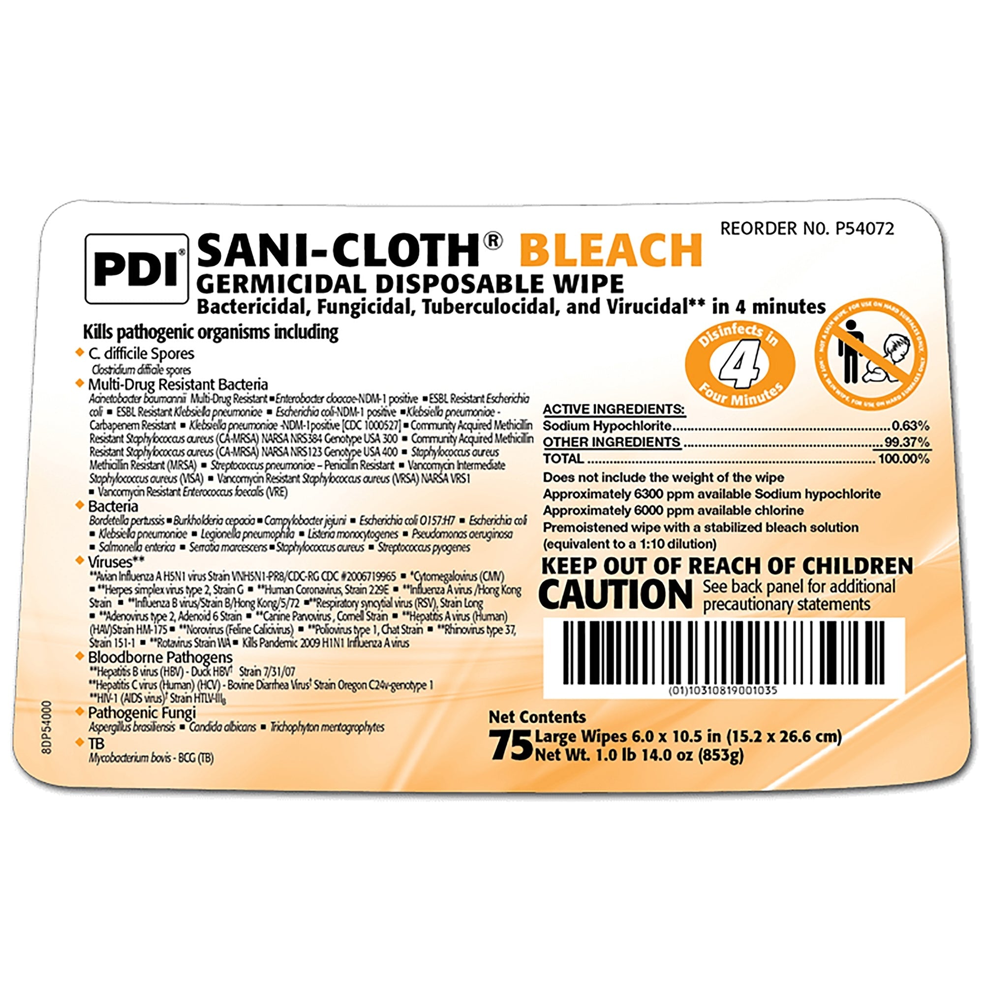 Sani-Cloth® Bleach Disinfectant Wipes - 75 Ct Canister for Surface Cleaning