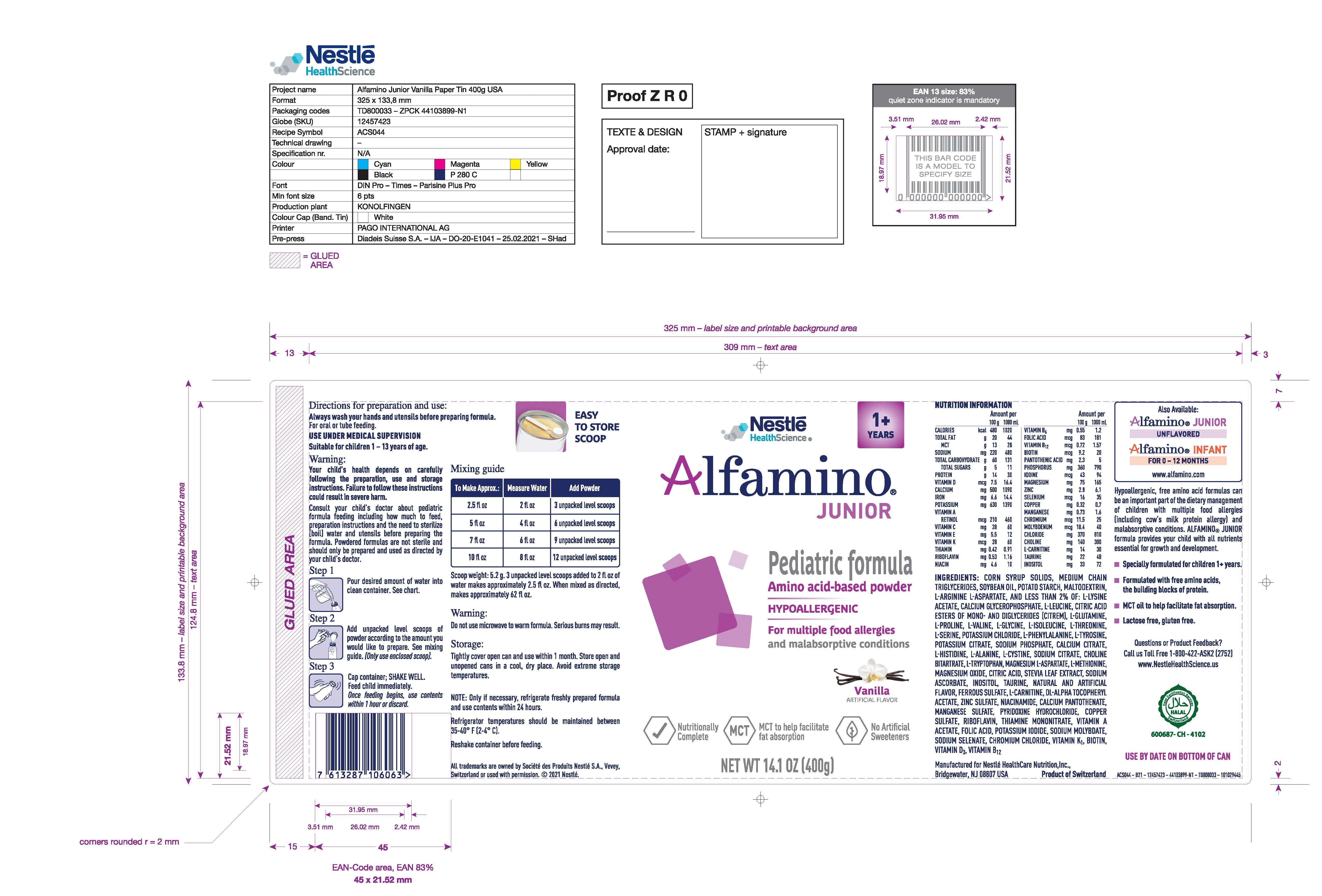 Alfamino® Junior Vanilla Amino Acid Based Pediatric Oral Supplement / Tube Feeding Formula, 14.1 oz. Can Powder (6 Units)