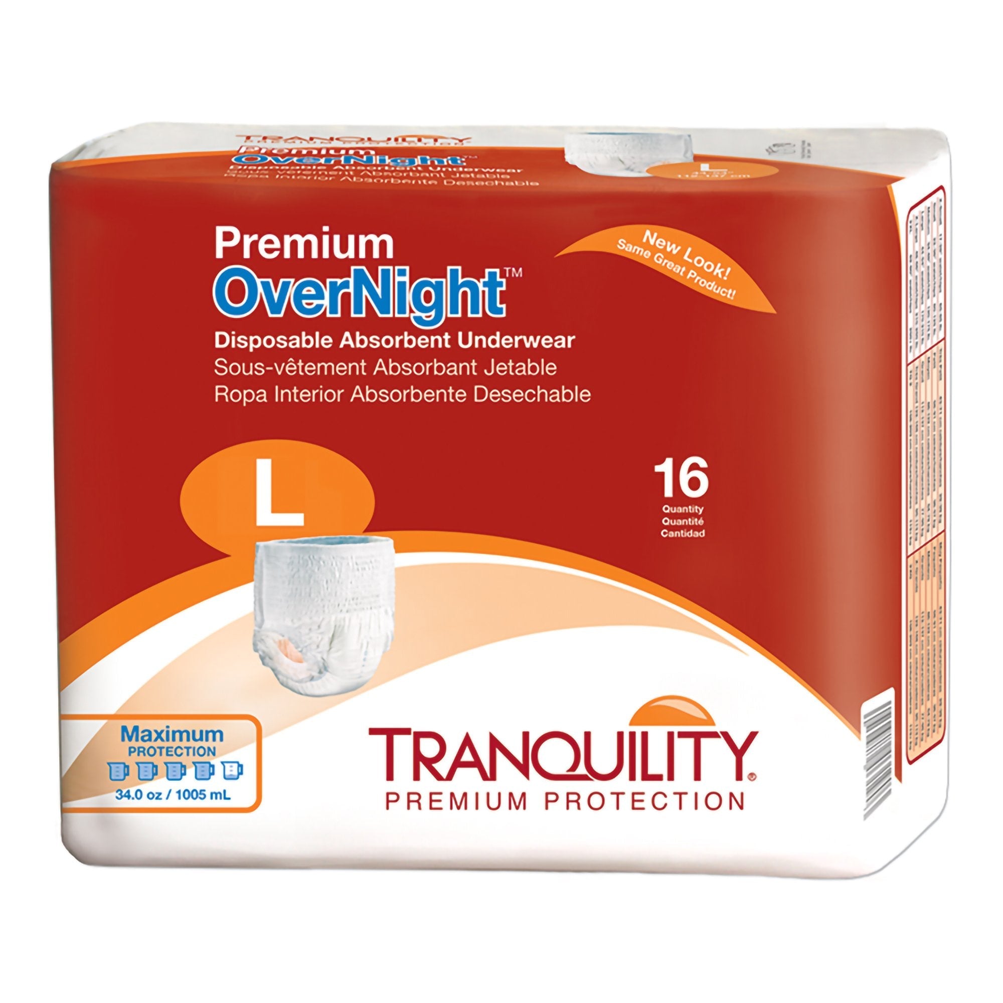 Tranquility Premium OverNight Absorbent Underwear, Large - 64 Pack