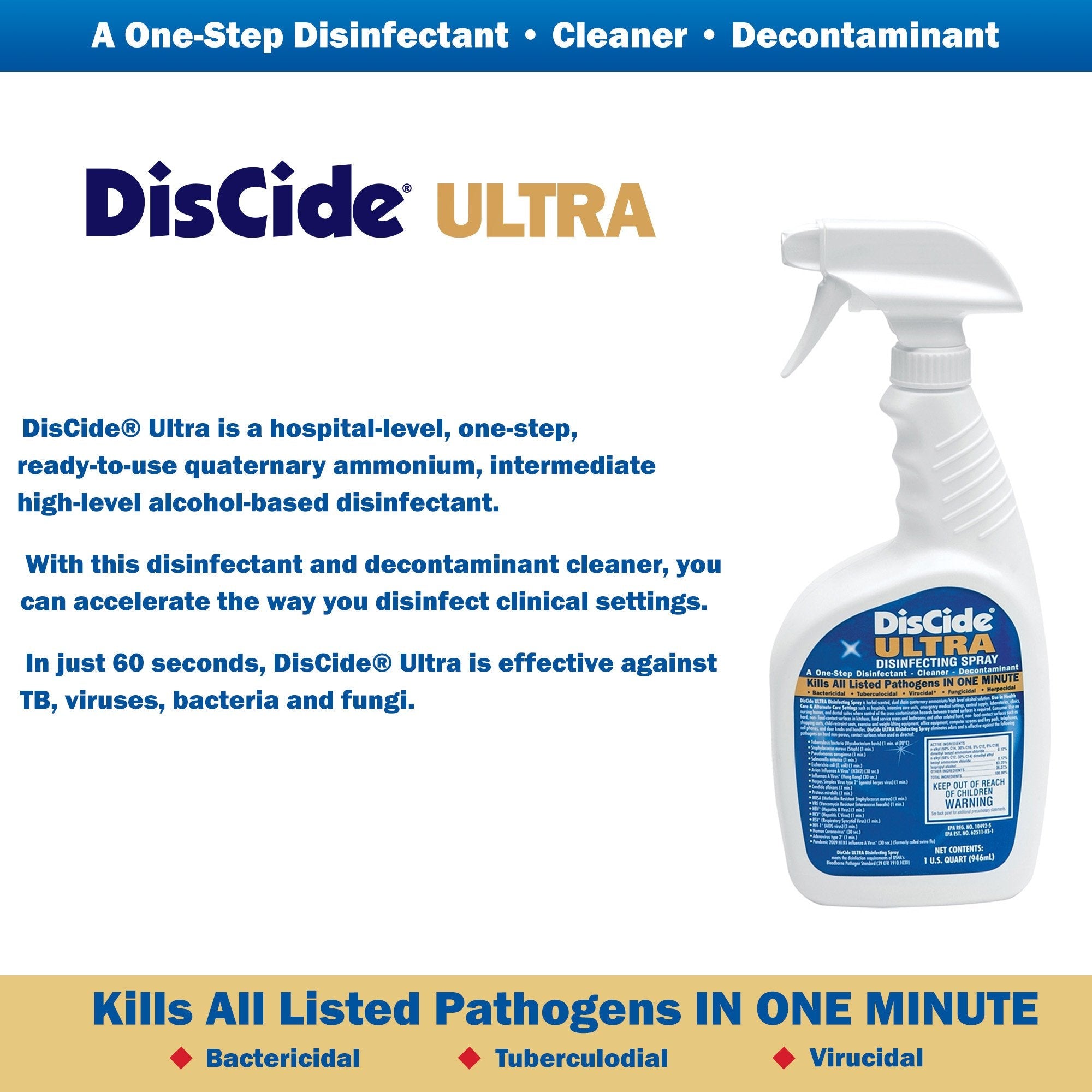 DisCide® Ultra Quaternary Based Surface Disinfectant Cleaner 1 qt. (1 Unit)