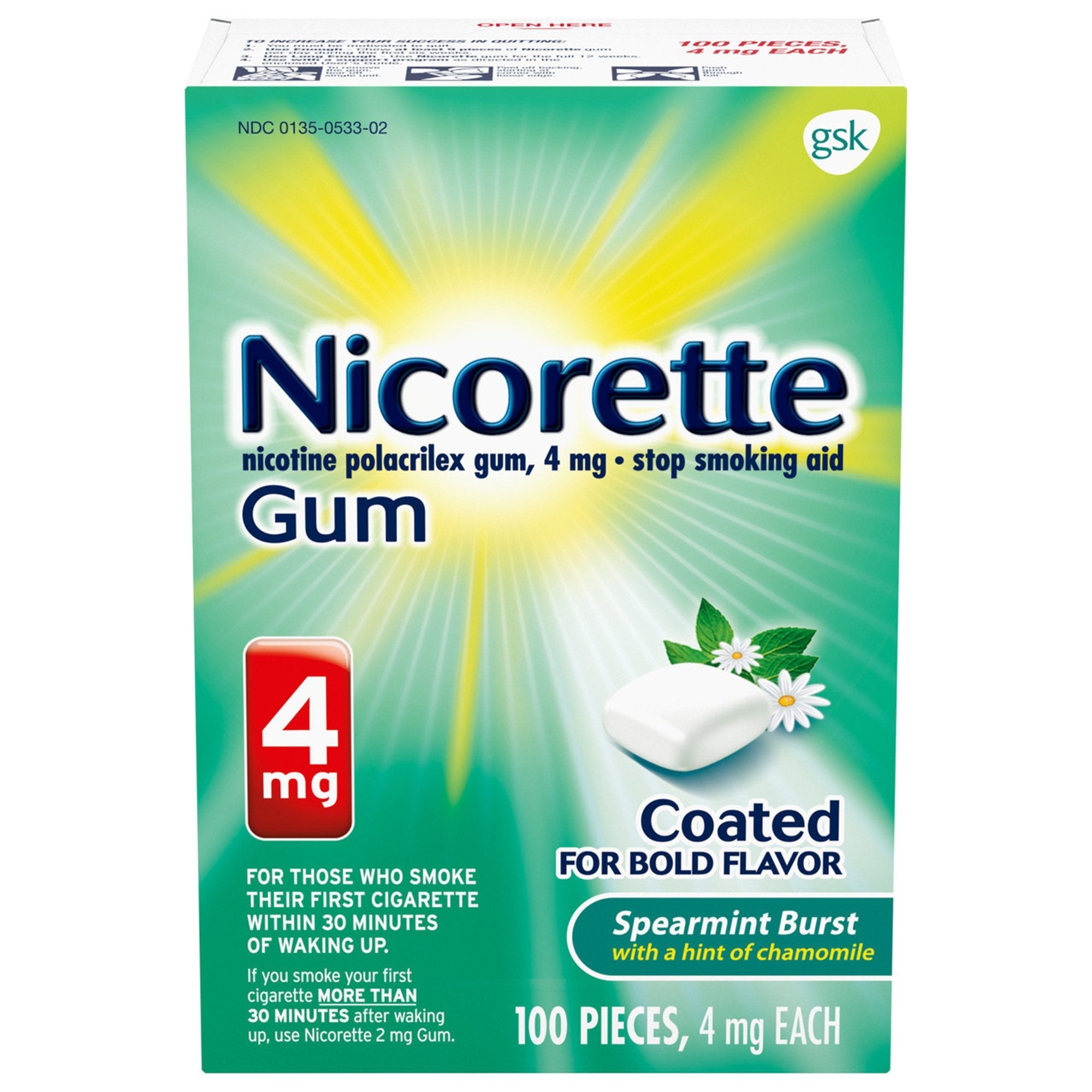 Nicorette Stop Smoking Aid Gum 4 mg Spearmint Burst with a Hint of Chamomile (100 Units)